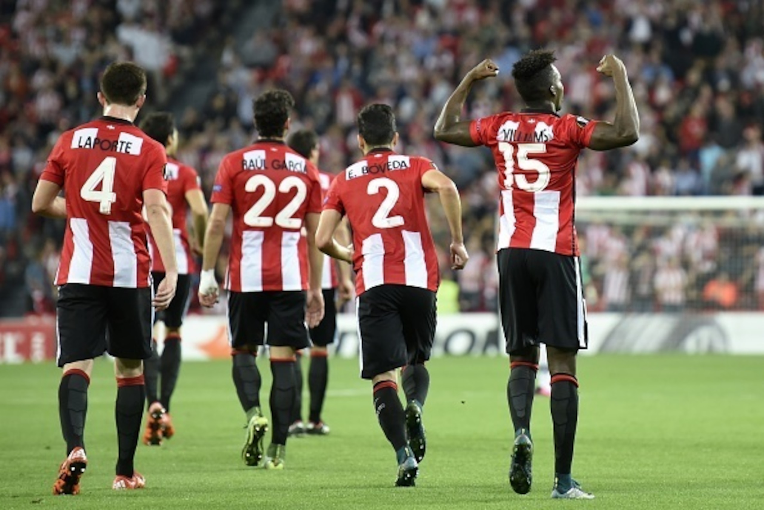 Athletic Bilbao's forward Inaki Williams Arthuer (R) celebrates after scoring during the UEFA Europa League group L football match Athletic Club Bilbao vs FK Partizan at the San Mames stadium in Bilbao on November 5, 2015.   AFP PHOTO/ ANDER GILLENEA     