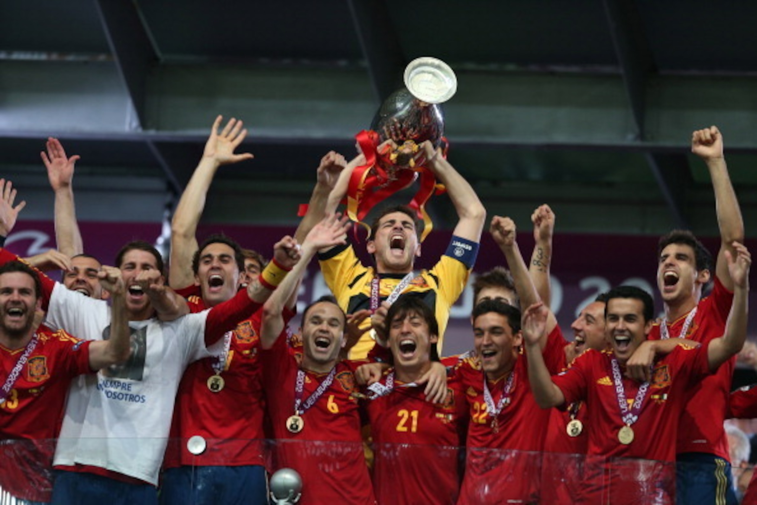 KIEV, UKRAINE - JULY 01: Captain Iker Casillas of Spain lifts the trophy after victory in the UEFA EURO 2012 final match between Spain and Italy at Olympic Stadium on July 1, 2012 in Kiev, Ukraine. (Photo by Gu Zhichao/Sports Illustrated China/Getty Imag KIEV, UKRAINE - JULY 01: Captain Iker Casillas of Spain lifts the trophy after victory in the UEFA EURO 2012 final match between Spain and Italy at Olympic Stadium on July 1, 2012 in Kiev, Ukraine. (Photo by Gu Zhichao/Sports Illustrated China/Getty Imag