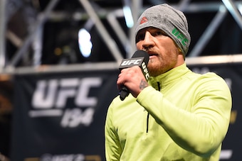 LAS VEGAS, NV - DECEMBER 10:   Conor McGregor of Ireland answers questions from the media during the UFC 194 open workouts inside MGM Grand Garden Arena on December 10, 2015 in Las Vegas, Nevada.  (Photo by Josh Hedges/Zuffa LLC/Zuffa LLC via Getty Images