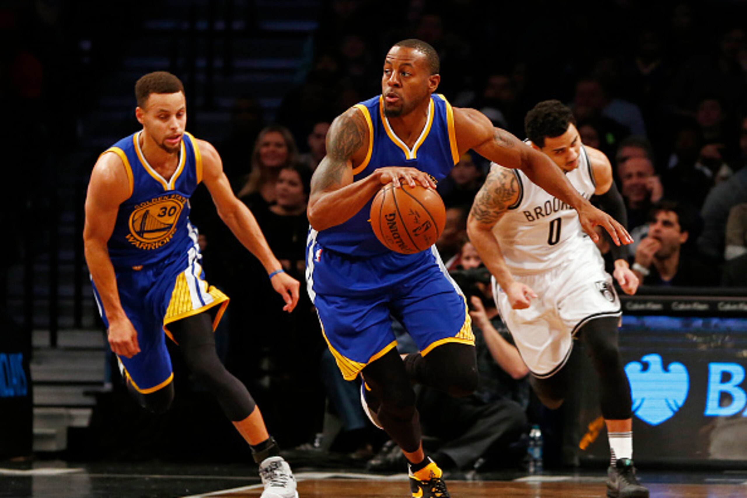 NEW YORK, NY - DECEMBER 6: Andre Iguodala #9 of the Golden State Warriors dribbles the ball against the Brooklyn Nets during the second quarter of an NBA basketball game at the Barclays Center on December 6, 2015 in the Brooklyn borough of New York City. 