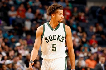 CHARLOTTE, NC - NOVEMBER 29: Michael Carter-Williams #5 of the Milwaukee Bucks looks on during the game against the Charlotte Hornets on November 29, 2015 at Time Warner Cable Arena in Charlotte, North Carolina. NOTE TO USER: User expressly acknowledges a