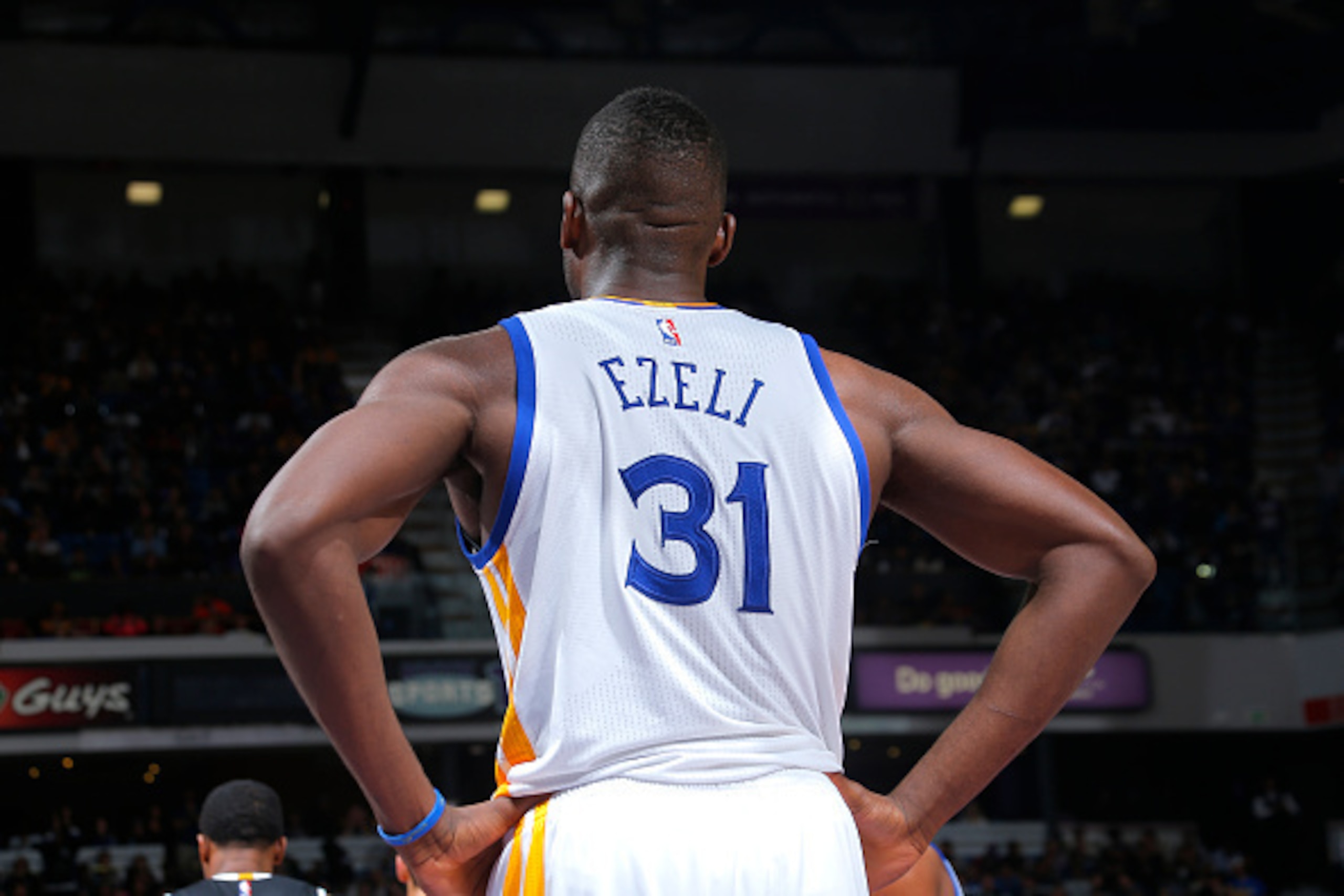 SACRAMENTO, CA - NOVEMBER 7: Festus Ezeli #31 of the Golden State Warriors looks on during the game against the Sacramento Kings on November 7, 2015 at Sleep Train Arena in Sacramento, California. NOTE TO USER: User expressly acknowledges and agrees that,