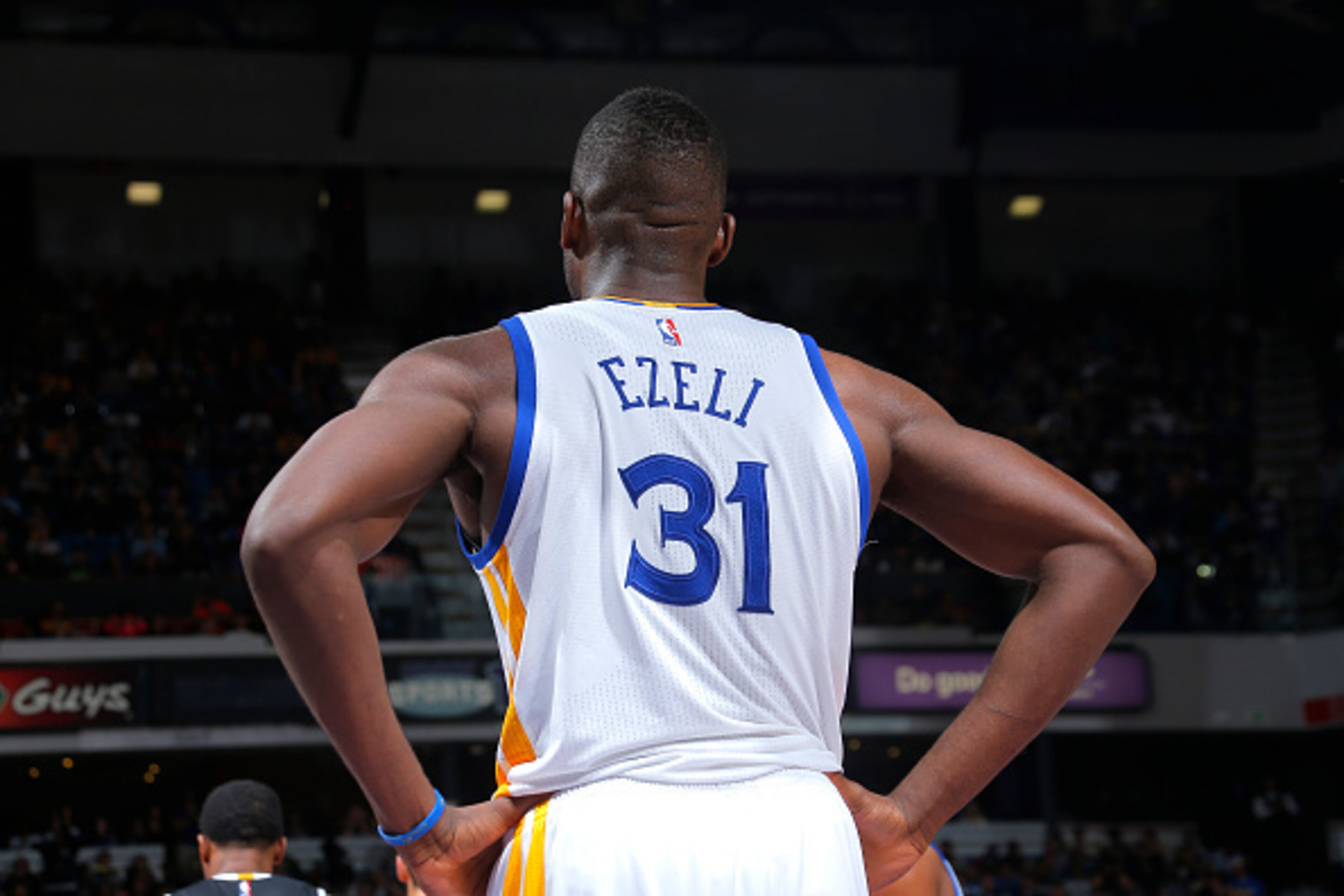 SACRAMENTO, CA - NOVEMBER 7: Festus Ezeli #31 of the Golden State Warriors looks on during the game against the Sacramento Kings on November 7, 2015 at Sleep Train Arena in Sacramento, California. NOTE TO USER: User expressly acknowledges and agrees that,