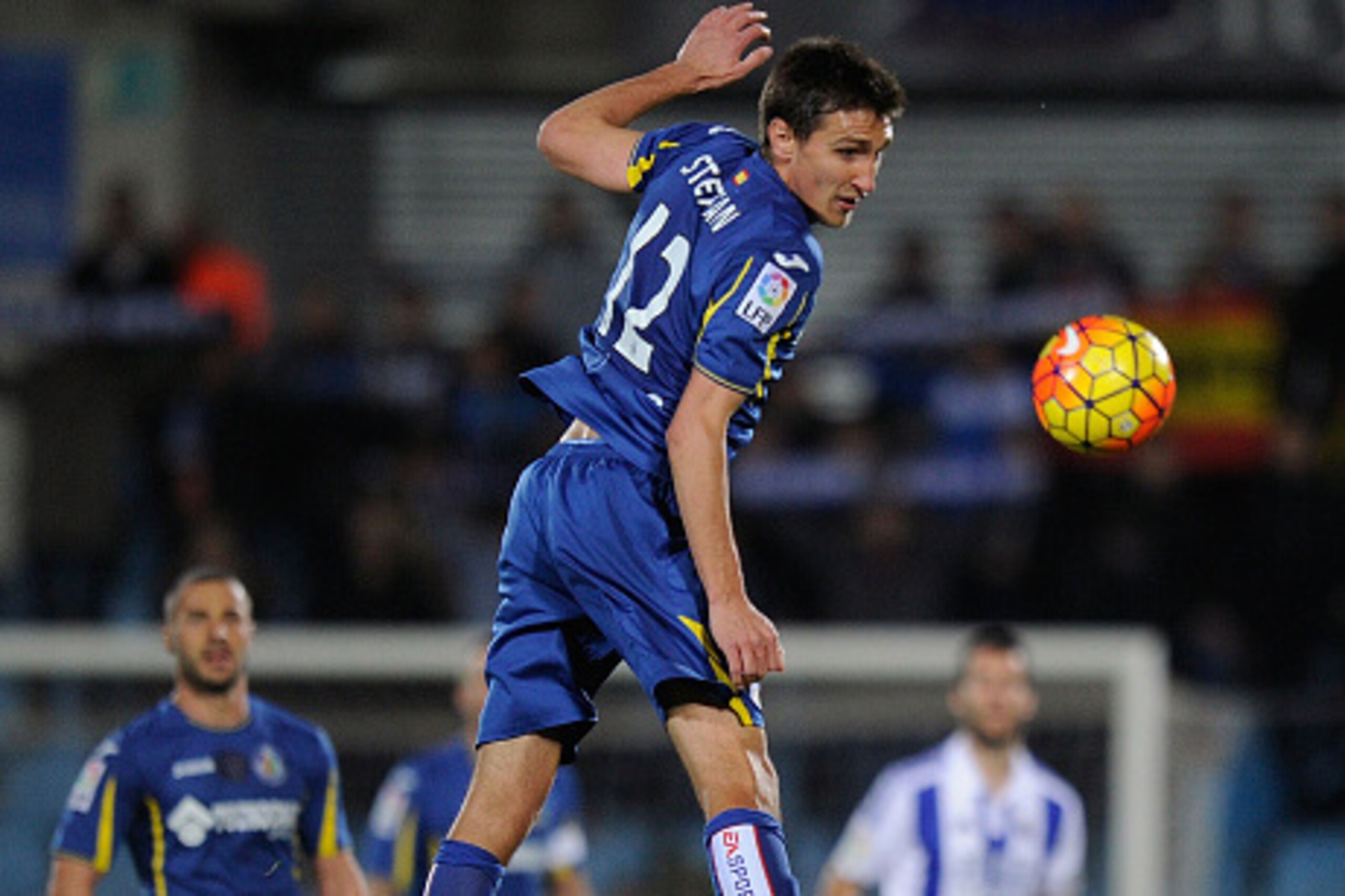 GETAFE, SPAIN - DECEMBER 11: Stefan Scepovic of Getafe goes for a high ball during the La Liga match between Getafe CF and Real Sociedad de Futbol at Coliseum Alfonso Perez stadium on December 11, 2015 in Getafe, Spain.  (Photo by Denis Doyle/Getty Images