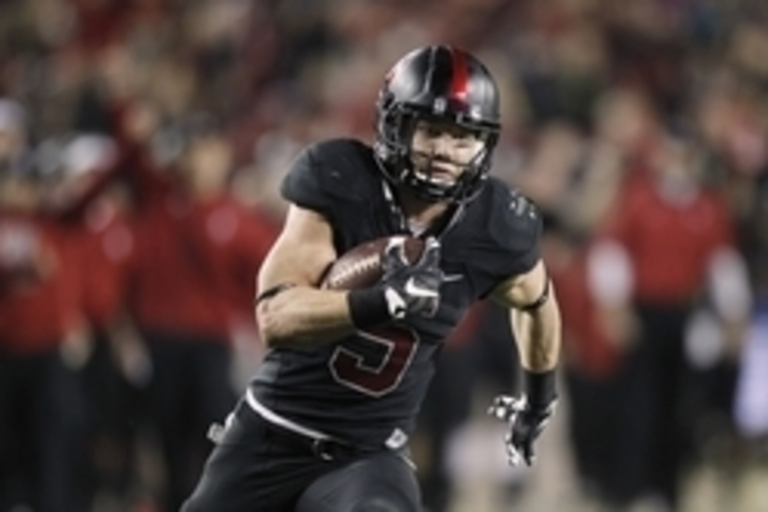 Dec 5, 2015; Santa Clara, CA, USA; Stanford Cardinal running back Christian McCaffrey (5) scores a 28 yard reception and touchdown against the Southern California Trojans in the fourth quarter of the Pac-12 Conference football championship game at Levi's 