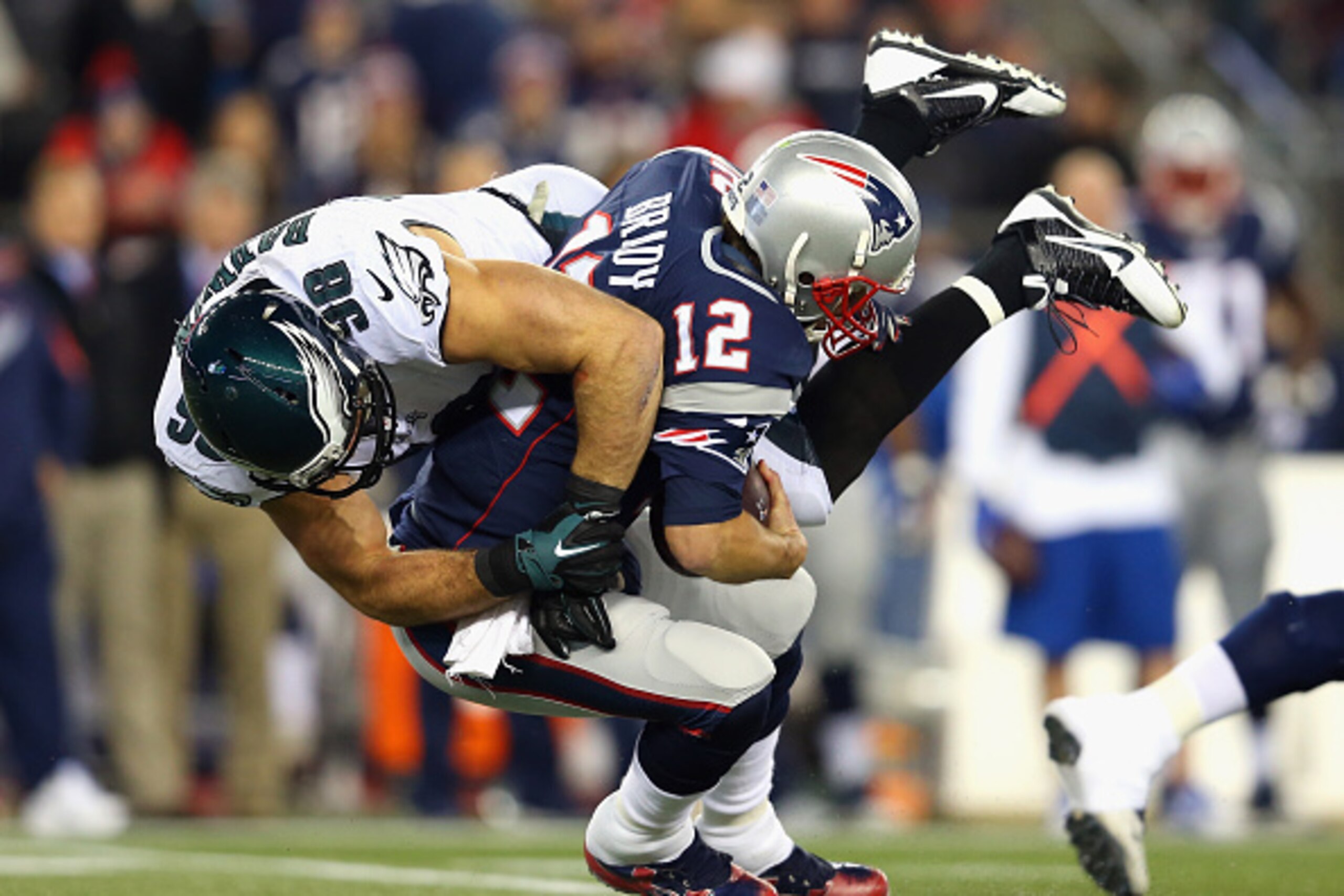 FOXBORO, MA - DECEMBER 06:  Connor Barwin #98 of the Philadelphia Eagles sacks Tom Brady #12 of the New England Patriots during the first quarter at Gillette Stadium on December 6, 2015 in Foxboro, Massachusetts.  (Photo by Jim Rogash/Getty Images)