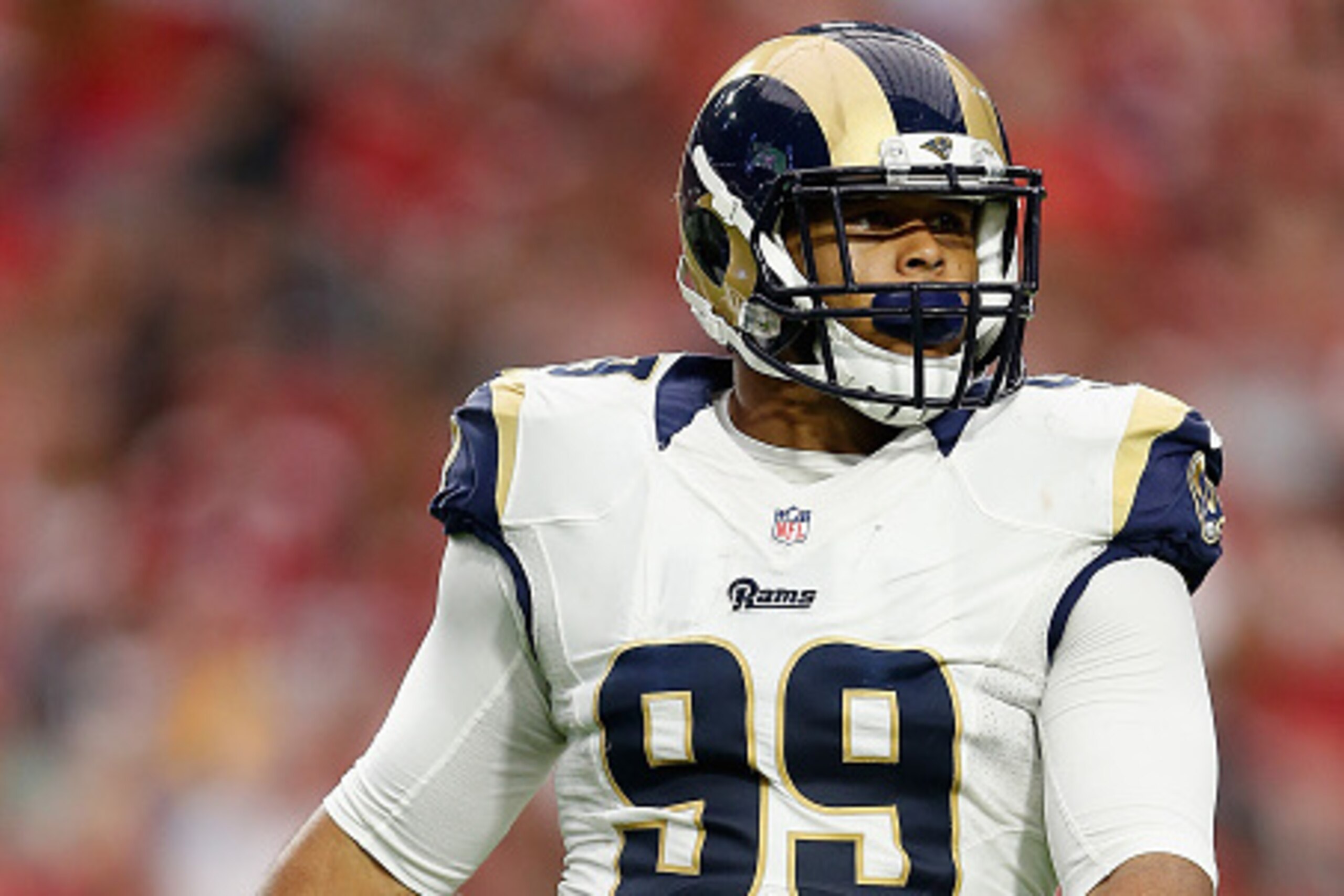 GLENDALE, AZ - NOVEMBER 09: Defensive tackle Aaron Donald #99 of the St. Louis Rams on the bench during the NFL game against the Arizona Cardinals at the University of Phoenix Stadium on November 9, 2014 in Glendale, Arizona. The Cardinals defeated the R GLENDALE, AZ - NOVEMBER 09: Defensive tackle Aaron Donald #99 of the St. Louis Rams on the bench during the NFL game against the Arizona Cardinals at the University of Phoenix Stadium on November 9, 2014 in Glendale, Arizona. The Cardinals defeated the R