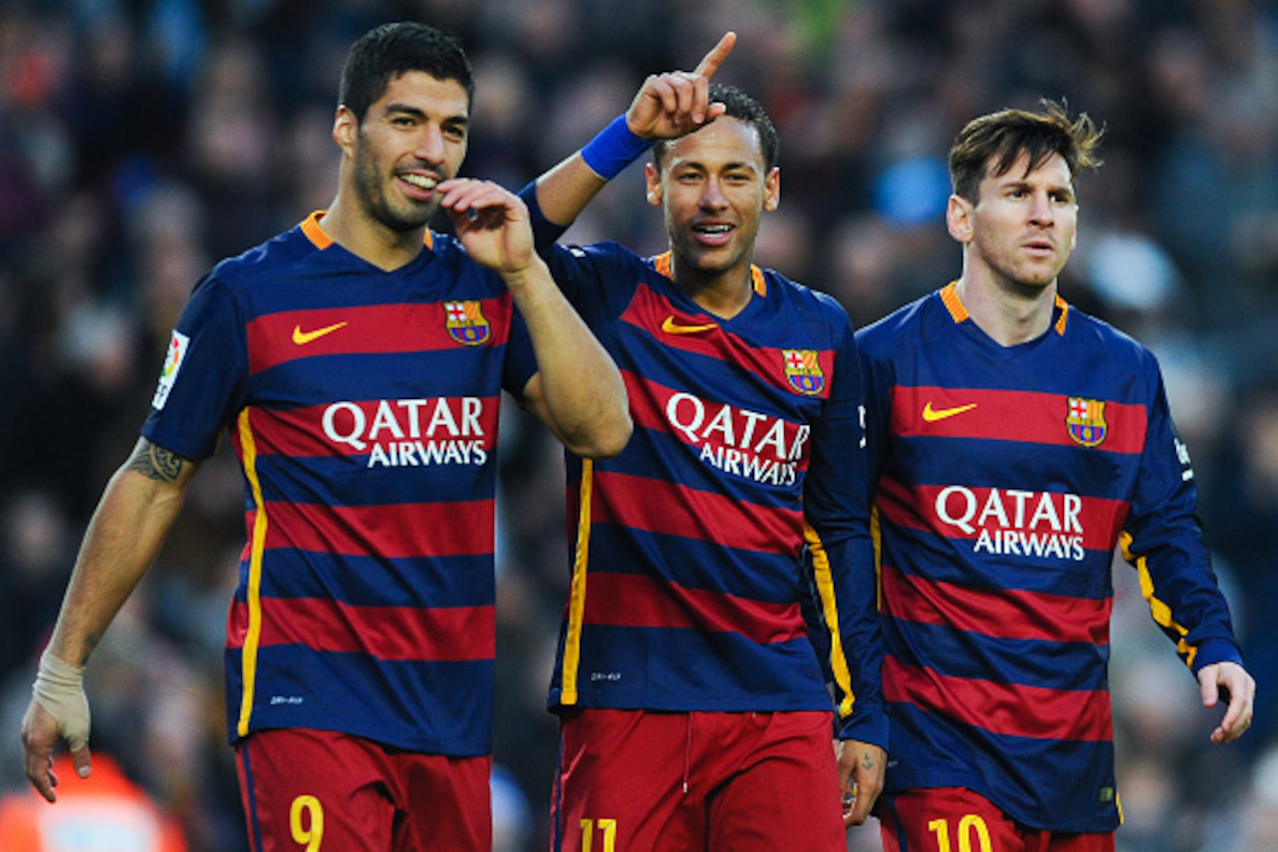 BARCELONA, SPAIN - NOVEMBER 28:  Neymar (C) of FC Barcelona celebrates with his teammates Luis Suarez (L) and Lionel Messi of FC Barcelonaa after scoring his team's third goal of FC Barcelonaduring the La Liga match between FC Barcelona and Real Sociedad 