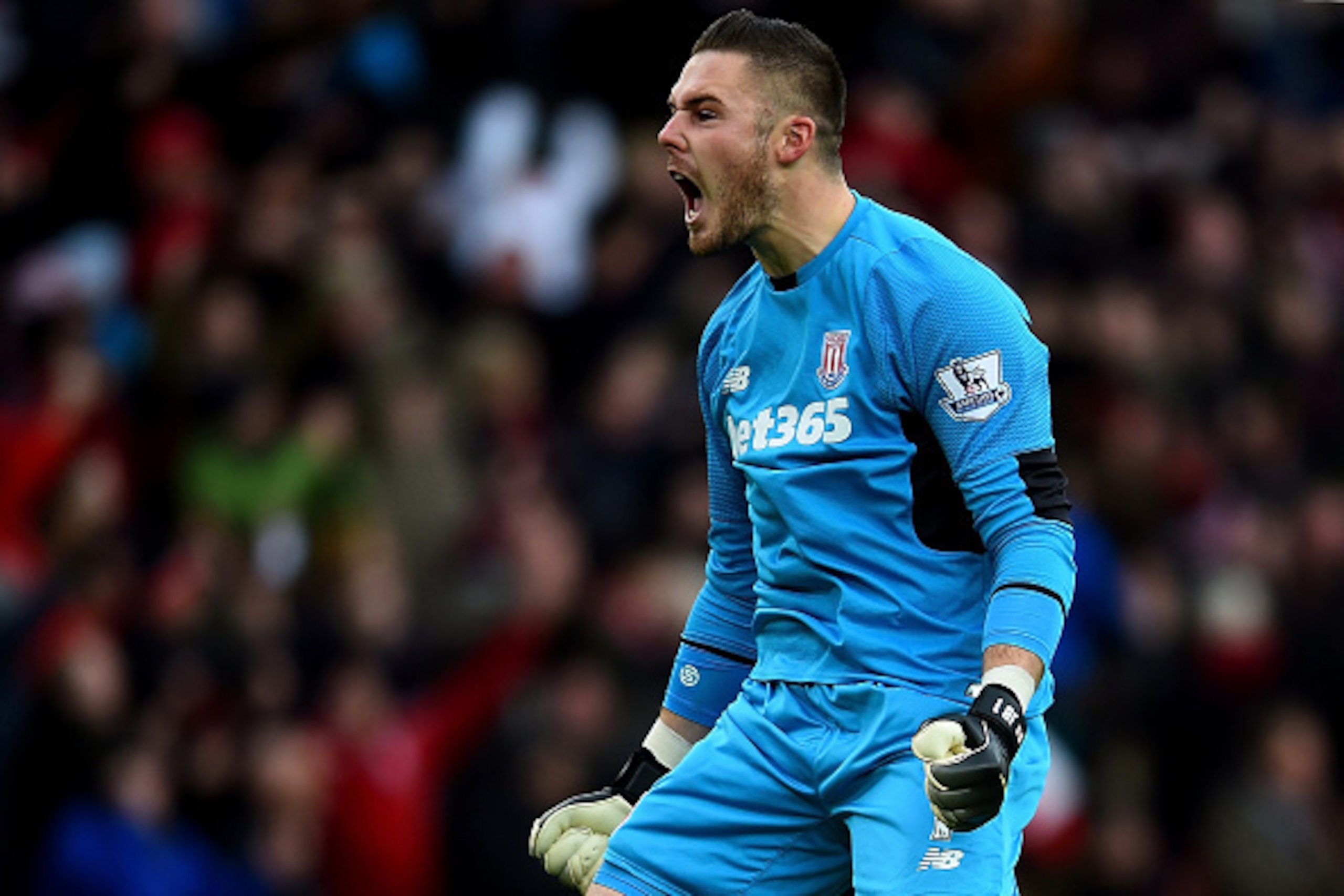 STOKE ON TRENT, ENGLAND - DECEMBER 05:  Jack Butland of Stoke City celebrates his team's first goal during the Barclays Premier League match between Stoke City and Manchester City at Britannia Stadium on December 5, 2015 in Stoke on Trent, England.  (Phot