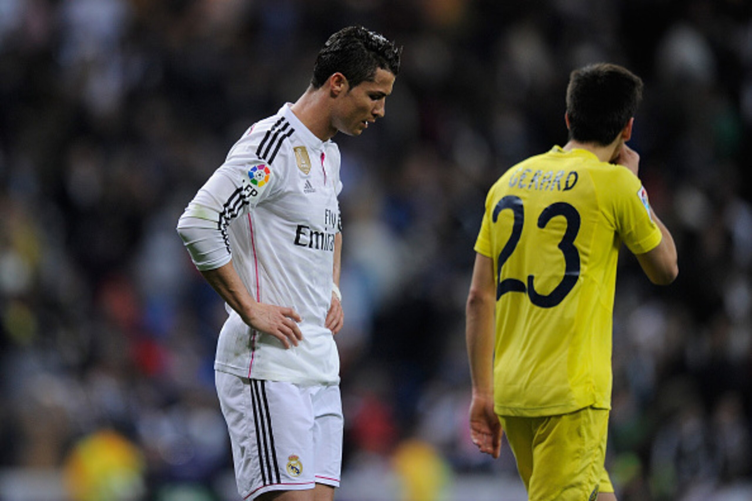 MADRID, SPAIN - MARCH 01:  Cristiano Ronaldo of Real Madrid reacts after Real drew 1-1 with Villarreal during the La Liga match between Real Madrid and Villarreal at Estadio Santiago Bernabeu on March 1, 2015 in Madrid, Spain.  (Photo by Denis Doyle/Getty