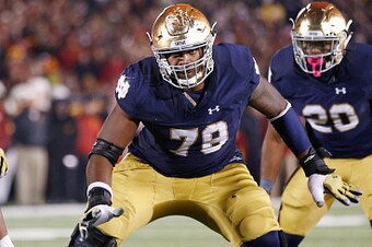 SOUTH BEND, IN - OCTOBER 17: Ronnie Stanley #78 of the Notre Dame Fighting Irish in action during a game against the USC Trojans at Notre Dame Stadium on October 17, 2015 in South Bend, Indiana. Notre Dame defeated USC 41-31. (Photo by Joe Robbins/Getty I