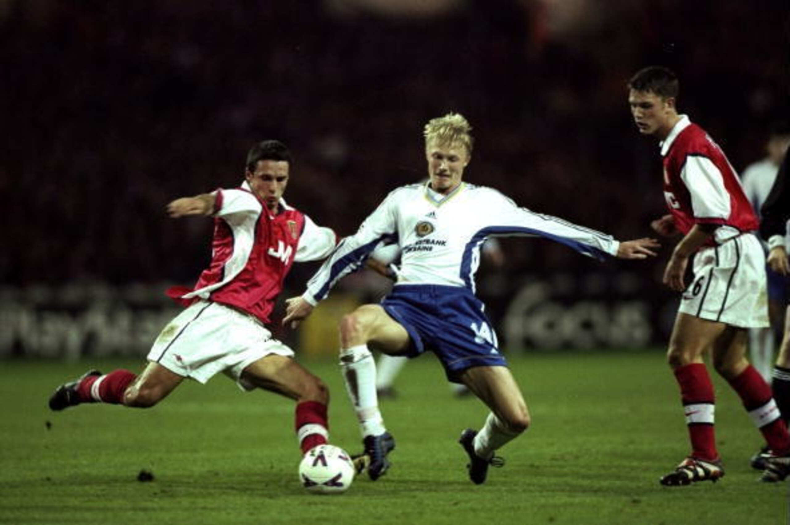 21 Oct 1998:  Remi Garde of Arsenal goes in on Andrei Husin of Dynamo Kiev during the UEFA Champions League match at Wembley in London. The game ended 1-1. \ Mandatory Credit: Gary M Prior/Allsport