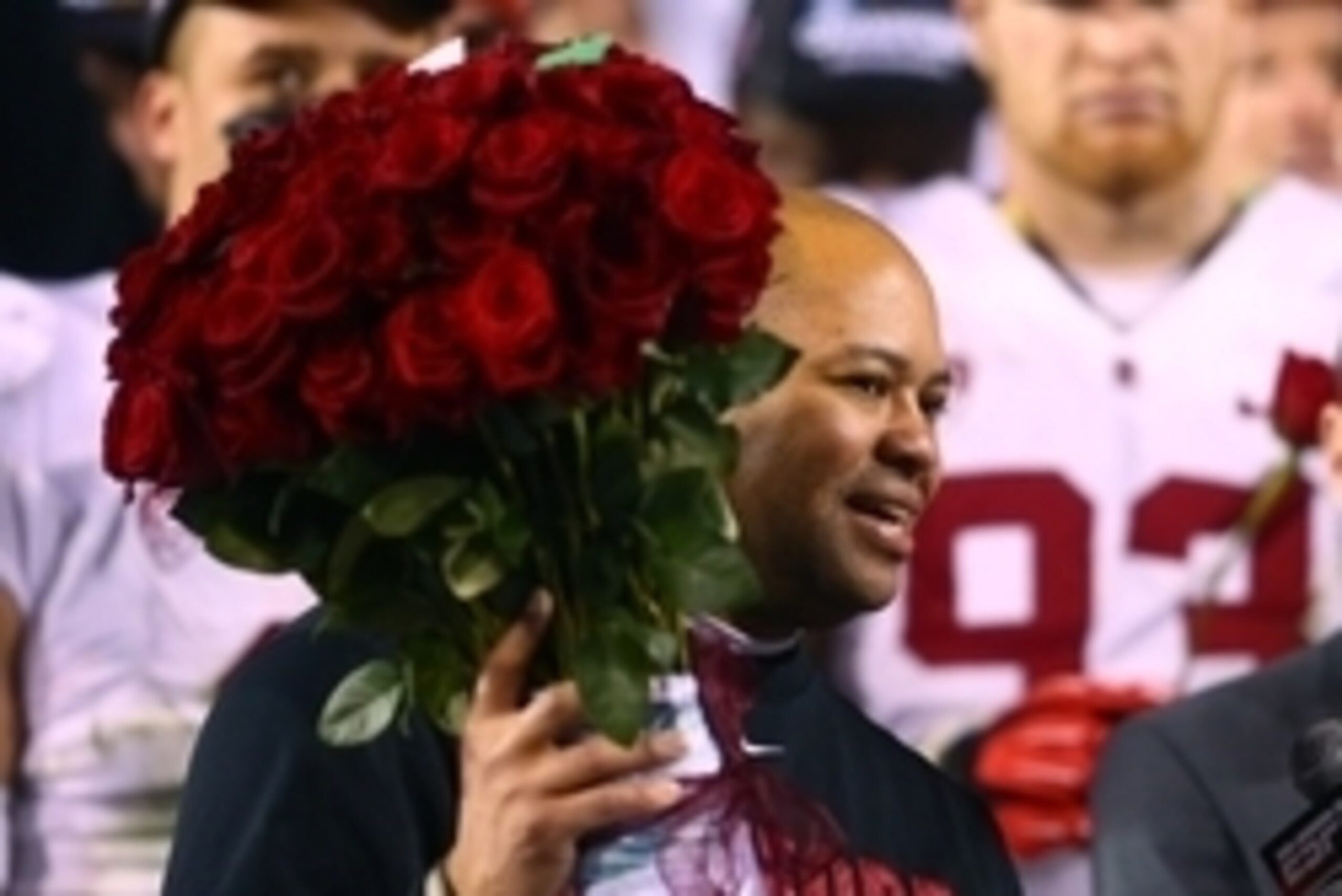 Dec 7, 2013; Tempe, AZ, USA; Stanford Cardinal head coach David Shaw celebrates with roses after clinching a spot in the Rose Bowl game following their victory over the Arizona State Sun Devils during the Pac-12 Championship game at Sun Devil Stadium. Man Dec 7, 2013; Tempe, AZ, USA; Stanford Cardinal head coach David Shaw celebrates with roses after clinching a spot in the Rose Bowl game following their victory over the Arizona State Sun Devils during the Pac-12 Championship game at Sun Devil Stadium. Man