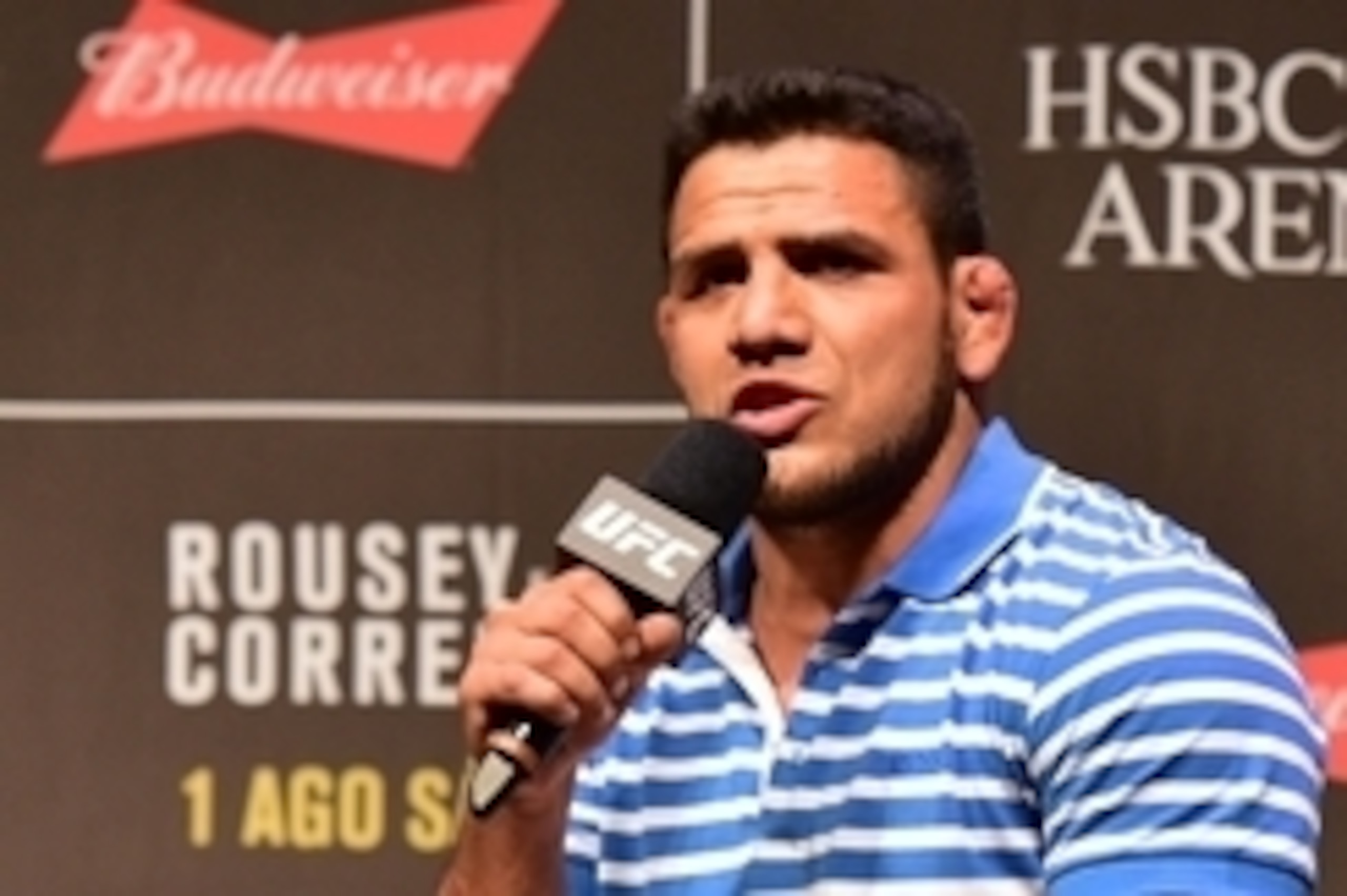 Jul 31, 2015; Rio de Janeiro, RJ, Brazil; Rafael dos Anjos interacts with fans during a Q&A session before weigh-ins for UFC 190 at HSBC Arena. Mandatory Credit: Jason Silva-USA TODAY Sports