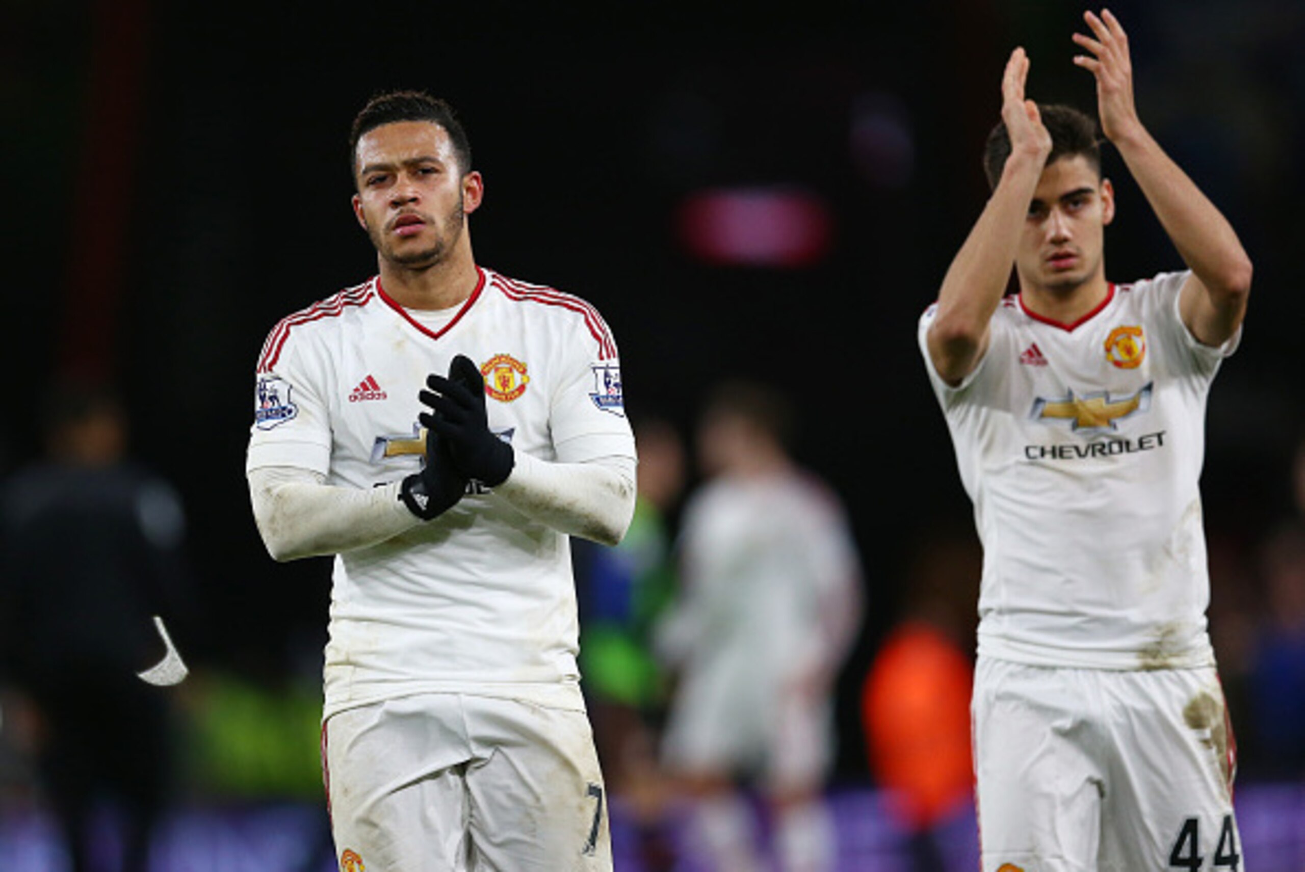 BOURNEMOUTH, ENGLAND - DECEMBER 12:  Memphis Depay (L) and Andreas Pereira (R) of Manchester United applaud fans after the Barclays Premier League match between A.F.C. Bournemouth and Manchester United at Vitality Stadium on December 12, 2015 in Bournemou