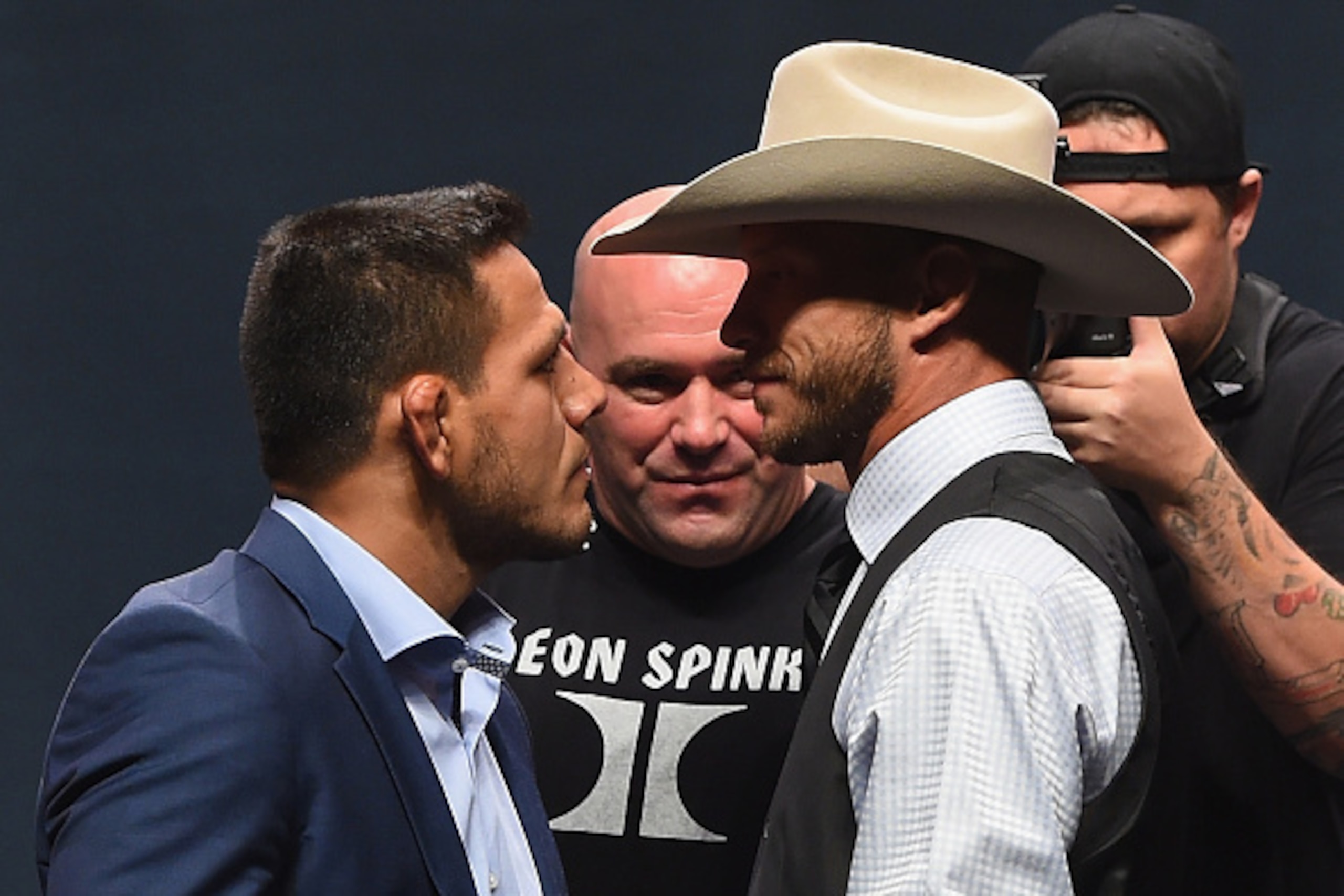 LAS VEGAS, NV - SEPTEMBER 04:  UFC lightweight champion Rafael Dos Anjos and Donald Cerrone face off during the UFC's Go Big launch event inside MGM Grand Garden Arena on September 4, 2015 in Las Vegas, Nevada.  (Photo by Josh Hedges/Zuffa LLC/Zuffa LLC v