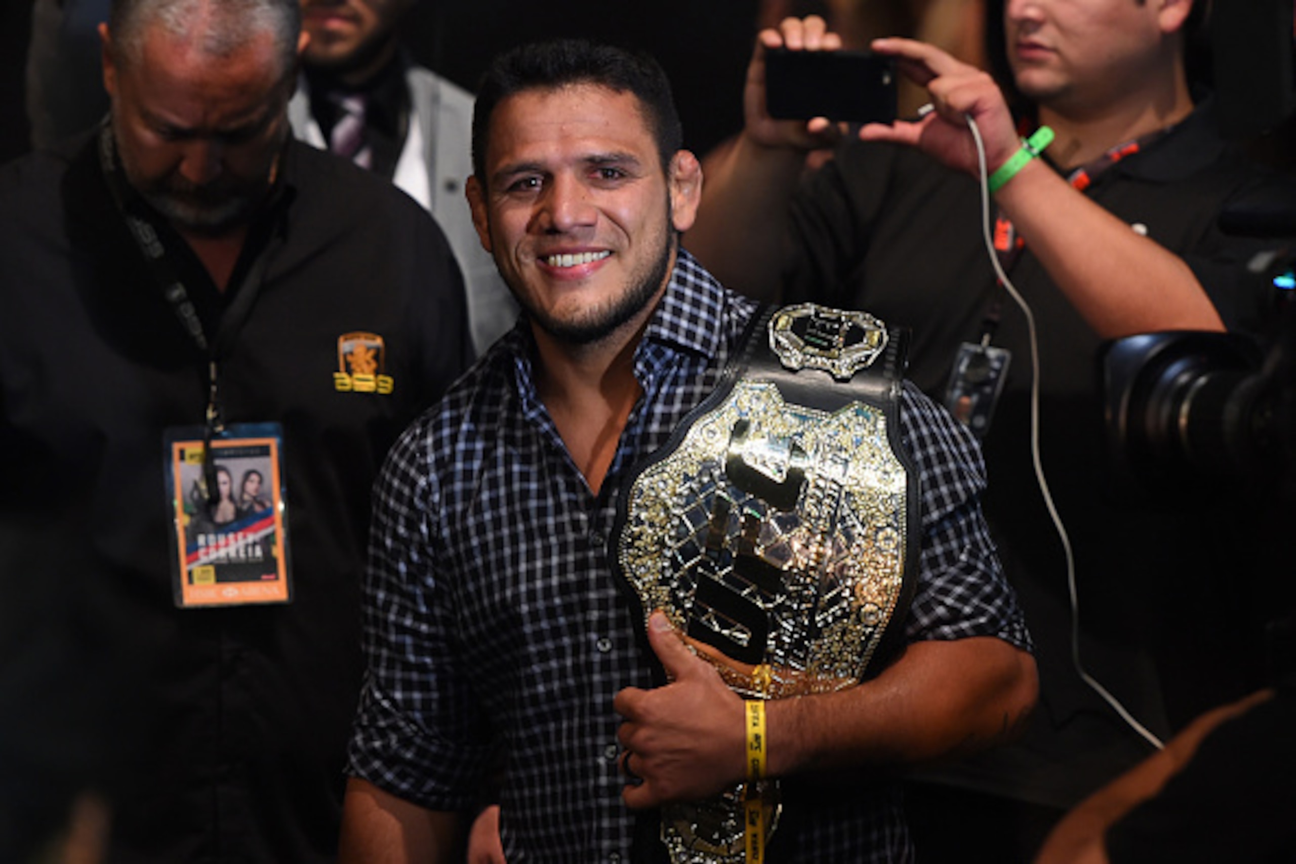 RIO DE JANEIRO, BRAZIL - AUGUST 01:  UFC lightweight champion Rafael Dos Anjos enters the arena during the UFC 190 event inside HSBC Arena on August 1, 2015 in Rio de Janeiro, Brazil.  (Photo by Josh Hedges/Zuffa LLC/Zuffa LLC via Getty Images)