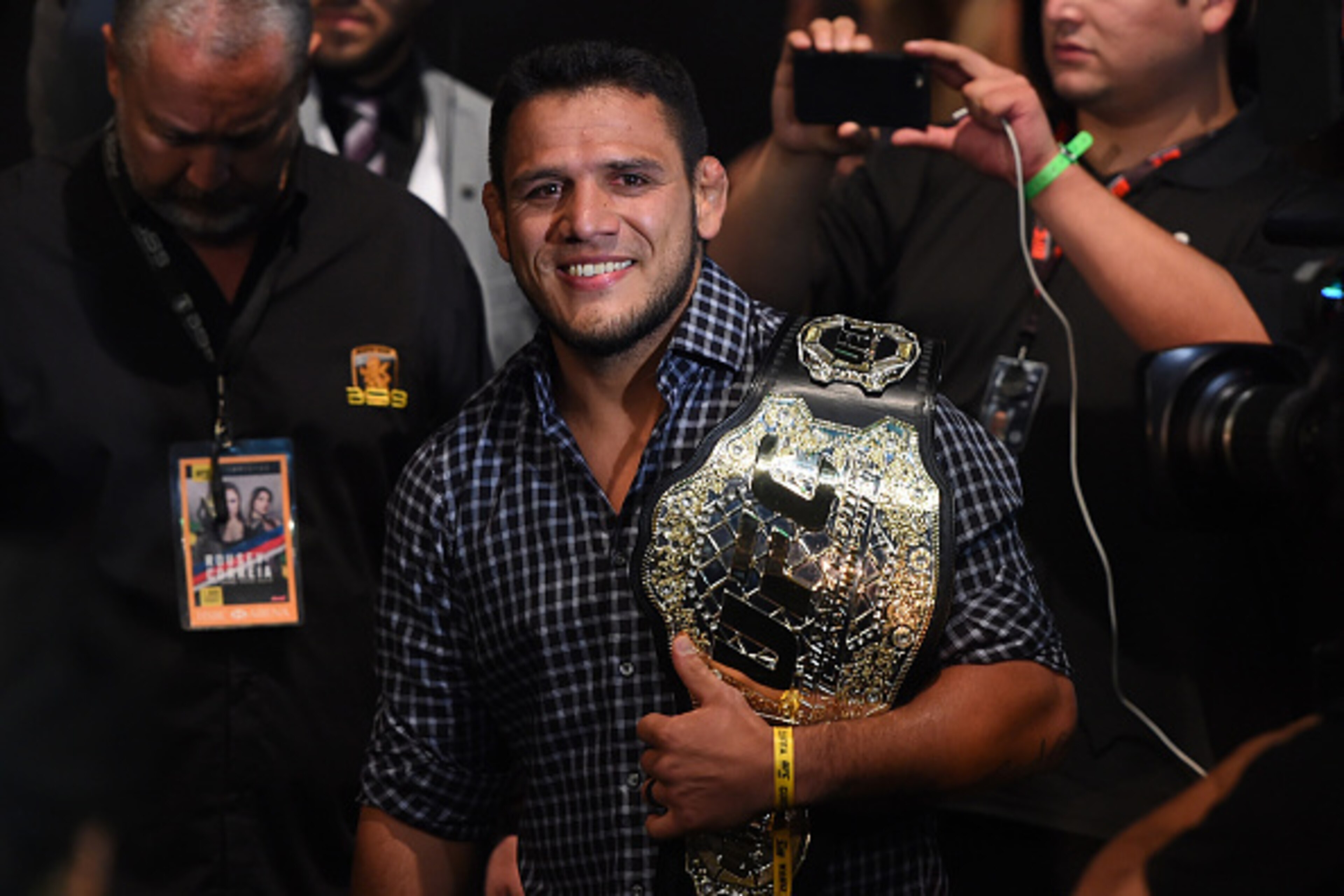 RIO DE JANEIRO, BRAZIL - AUGUST 01:  UFC lightweight champion Rafael Dos Anjos enters the arena during the UFC 190 event inside HSBC Arena on August 1, 2015 in Rio de Janeiro, Brazil.  (Photo by Josh Hedges/Zuffa LLC/Zuffa LLC via Getty Images)