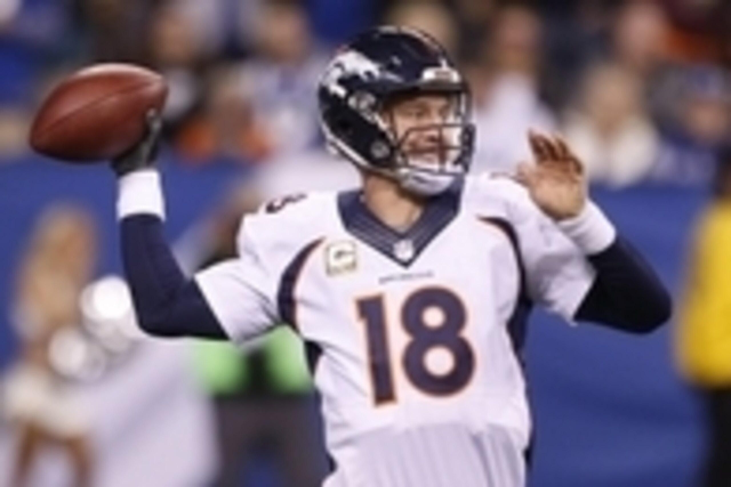 Nov 8, 2015; Indianapolis, IN, USA; Denver Broncos quarterback Peyton Manning (18) throws a pass against the Indianapolis Colts at Lucas Oil Stadium. Indianapolis defeats Denver 27-24. Mandatory Credit: Brian Spurlock-USA TODAY Sports