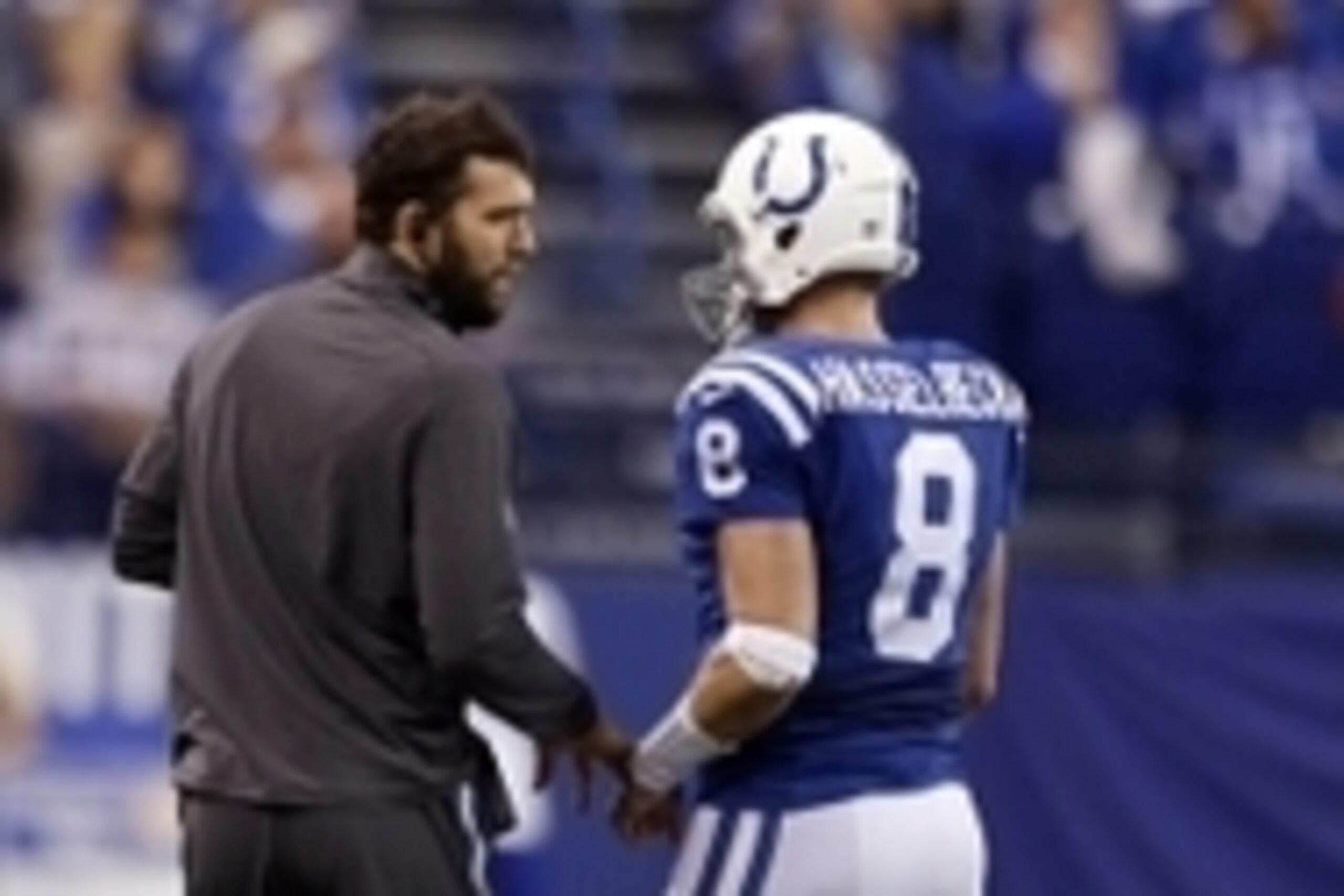 Nov 29, 2015; Indianapolis, IN, USA; Indianapolis Colts quarterback Andrew Luck talks to quarterback Matt Hasselbeck (8) during a game against the Tampa Bay Buccaneers at Lucas Oil Stadium. Indianapolis defeats Tampa Bay 25-12. Mandatory Credit: Brian Spu Nov 29, 2015; Indianapolis, IN, USA; Indianapolis Colts quarterback Andrew Luck talks to quarterback Matt Hasselbeck (8) during a game against the Tampa Bay Buccaneers at Lucas Oil Stadium. Indianapolis defeats Tampa Bay 25-12. Mandatory Credit: Brian Spu