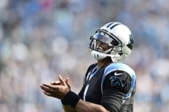 Dec 13, 2015; Charlotte, NC, USA; Carolina Panthers quarterback Cam Newton (1) reacts in the second quarter at Bank of America Stadium. Mandatory Credit: Bob Donnan-USA TODAY Sports