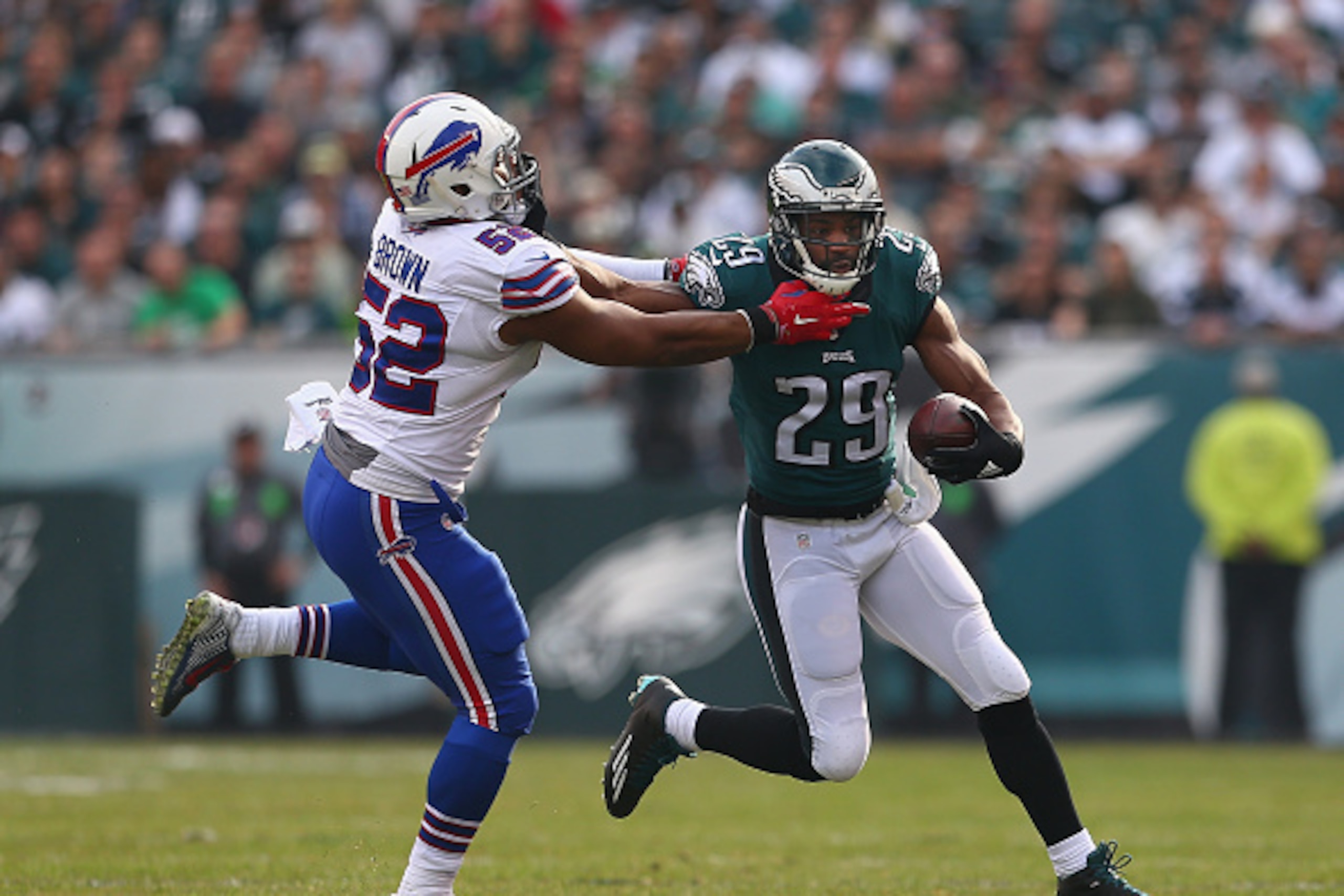 PHILADELPHIA, PA - DECEMBER 13: DeMarco Murray #29 of the Philadelphia Eagles carries the ball against Preston Brown #52 of the Buffalo Bills during the first quarter at Lincoln Financial Field on December 13, 2015 in Philadelphia, Pennsylvania.  (Photo b