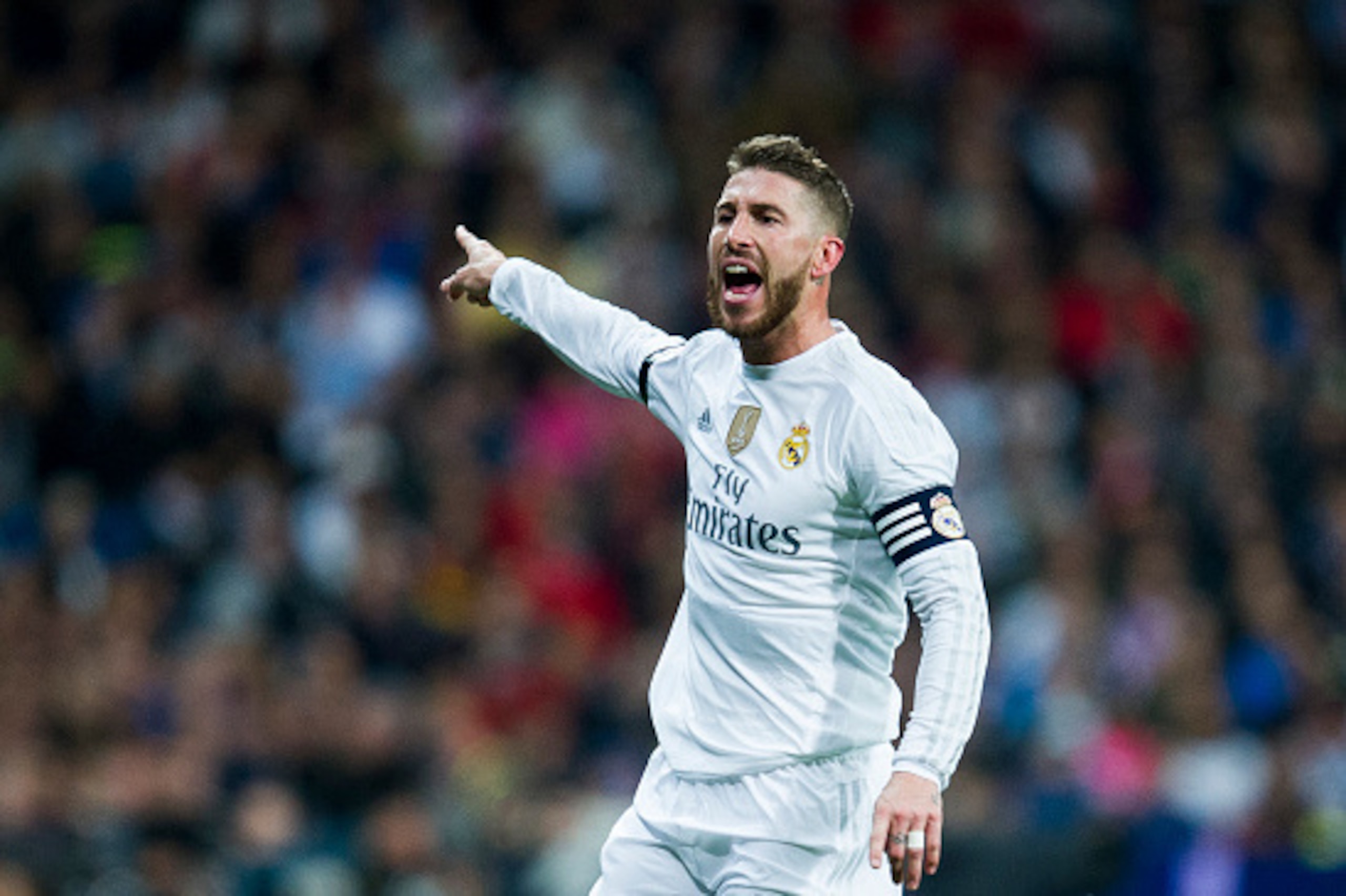 MADRID, SPAIN - NOVEMBER 21: Sergio Ramos of Real Madrid reacts during the La Liga match between Real Madrid CF and FC Barcelona at Estadio Santiago Bernabeuon November 21, 2015 in Madrid, Spain.  (Photo by Juan Manuel Serrano Arce/Getty Images)