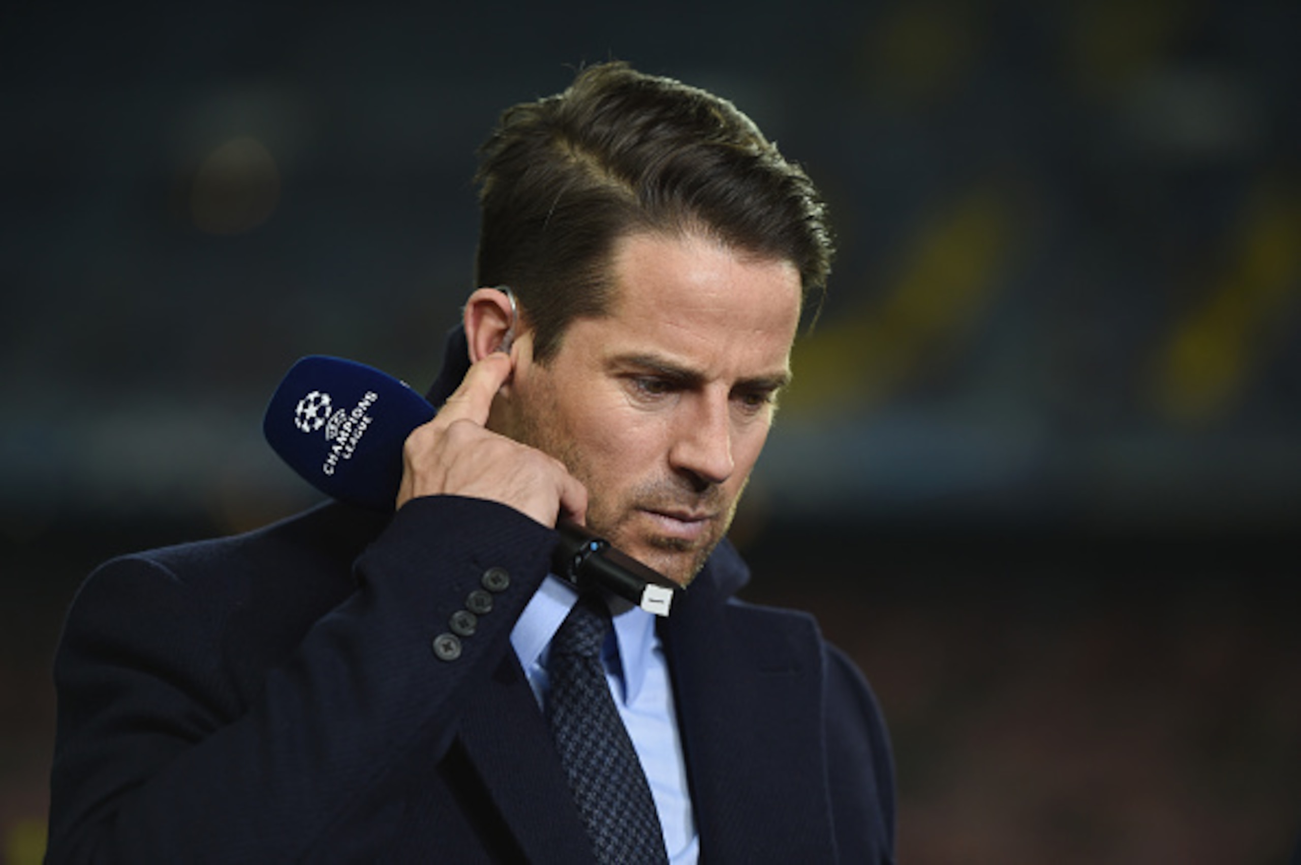 BARCELONA, SPAIN - MARCH 18:  Sky Sports commentator Jamie Redknapp looks on prior to the UEFA Champions League Round of 16 second leg match between Barcelona and Manchester City at Camp Nou on March 18, 2015 in Barcelona, Spain.  (Photo by Michael Regan/