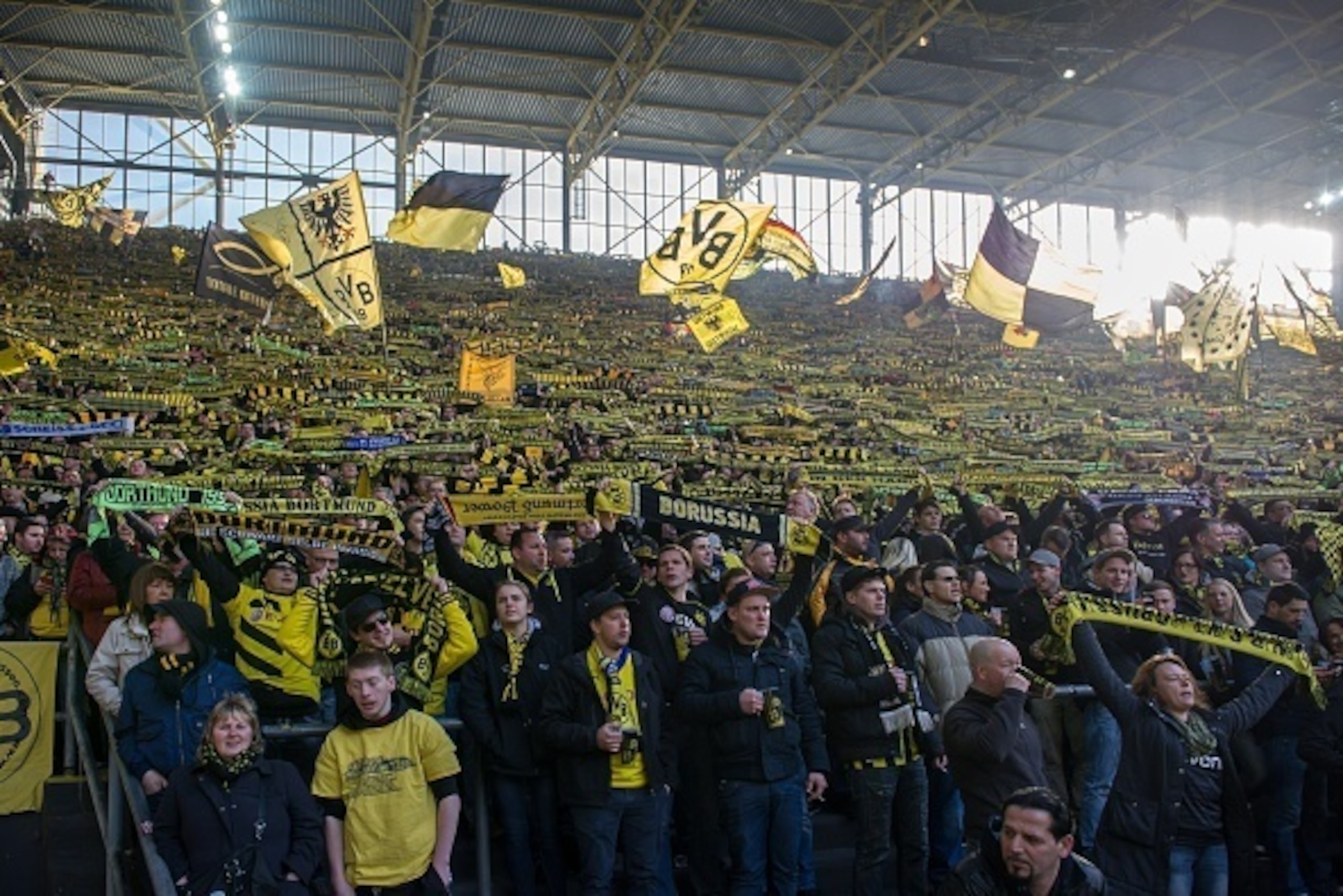the yellow wall of Borussia Dortmund during the Bundesliga match between Borussia Dortmund and Schalke 04 on February 28, 2015 at the Signal Iduna Park stadium in Dortmund, Germany.(Photo by VI Images via Getty Images)