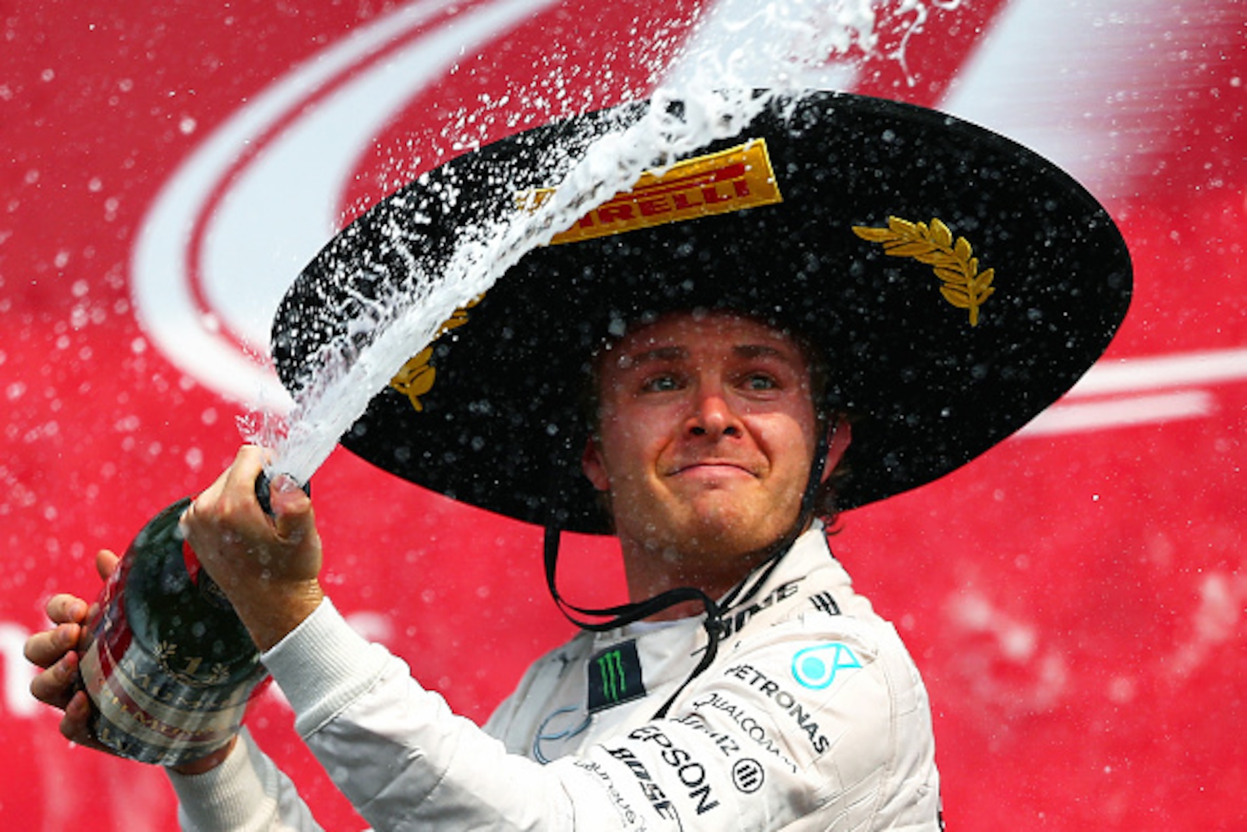MEXICO CITY, MEXICO - NOVEMBER 01:  Nico Rosberg of Germany and Mercedes GP celebrates on the podium after winning the Formula One Grand Prix of Mexico at Autodromo Hermanos Rodriguez  on November 1, 2015 in Mexico City, Mexico.  (Photo by Clive Mason/Get
