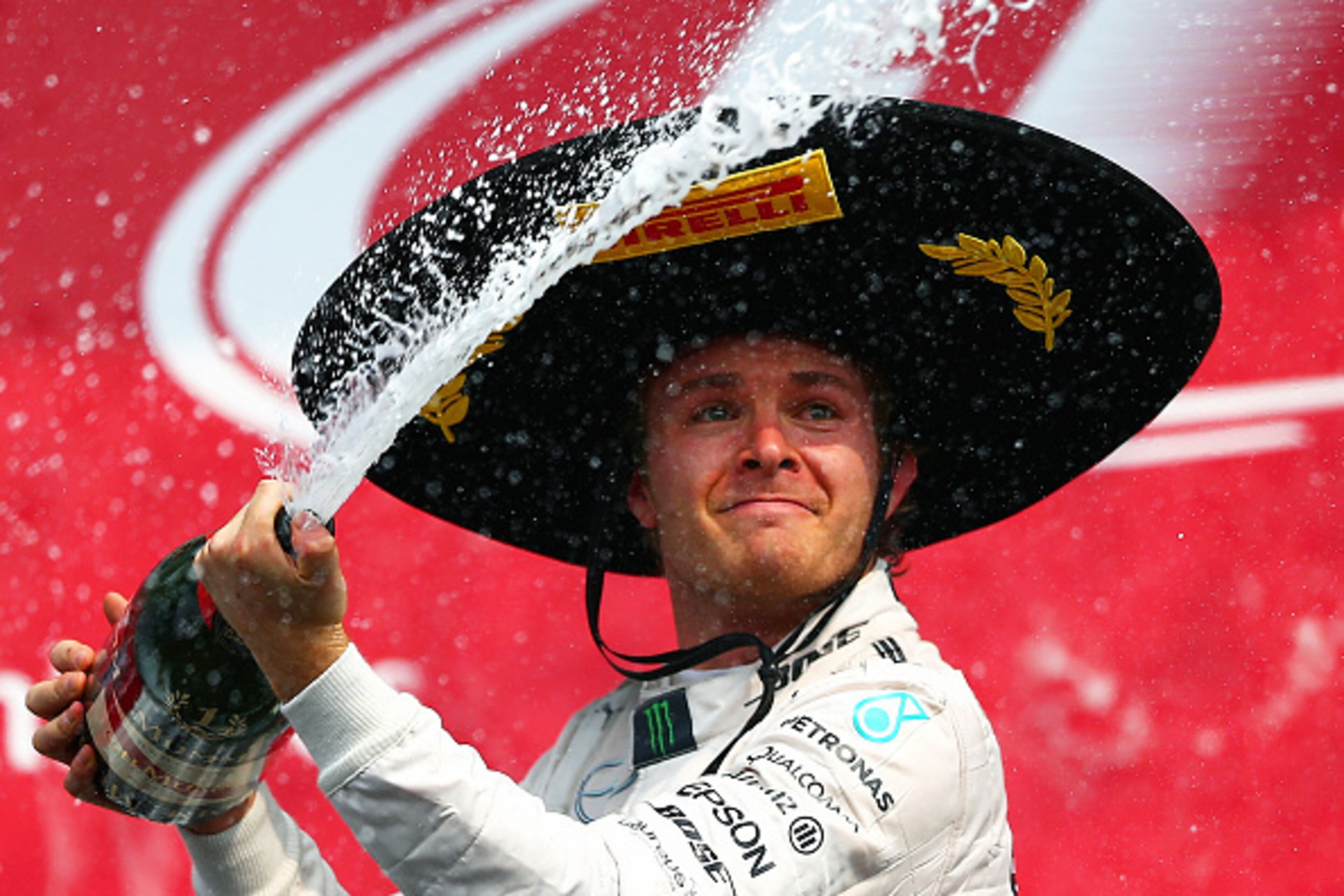 MEXICO CITY, MEXICO - NOVEMBER 01:  Nico Rosberg of Germany and Mercedes GP celebrates on the podium after winning the Formula One Grand Prix of Mexico at Autodromo Hermanos Rodriguez  on November 1, 2015 in Mexico City, Mexico.  (Photo by Clive Mason/Get