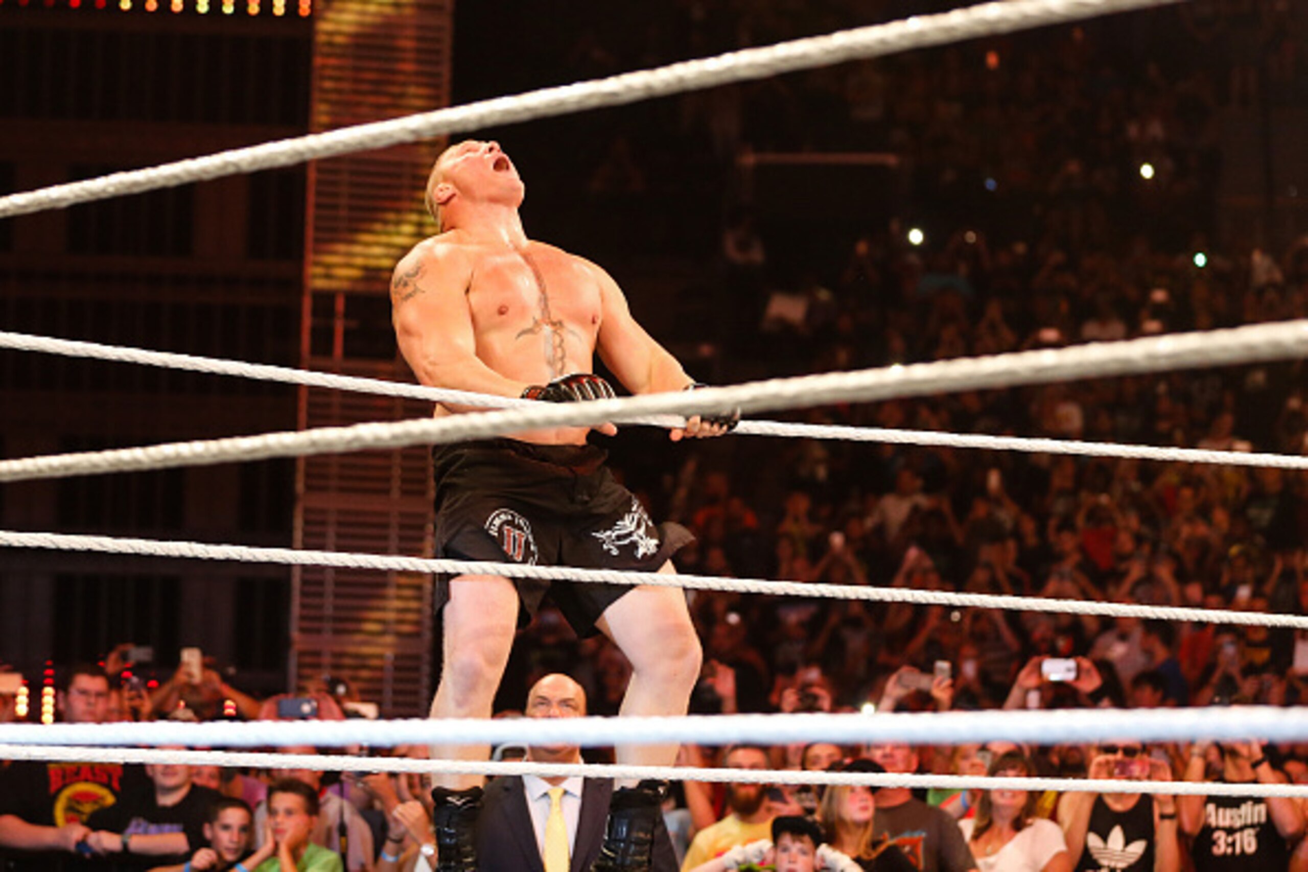 NEW YORK, NY - AUGUST 23:  Brock Lesnar enters the ring at the WWE SummerSlam 2015 at Barclays Center of Brooklyn on August 23, 2015 in New York City.  (Photo by JP Yim/Getty Images)