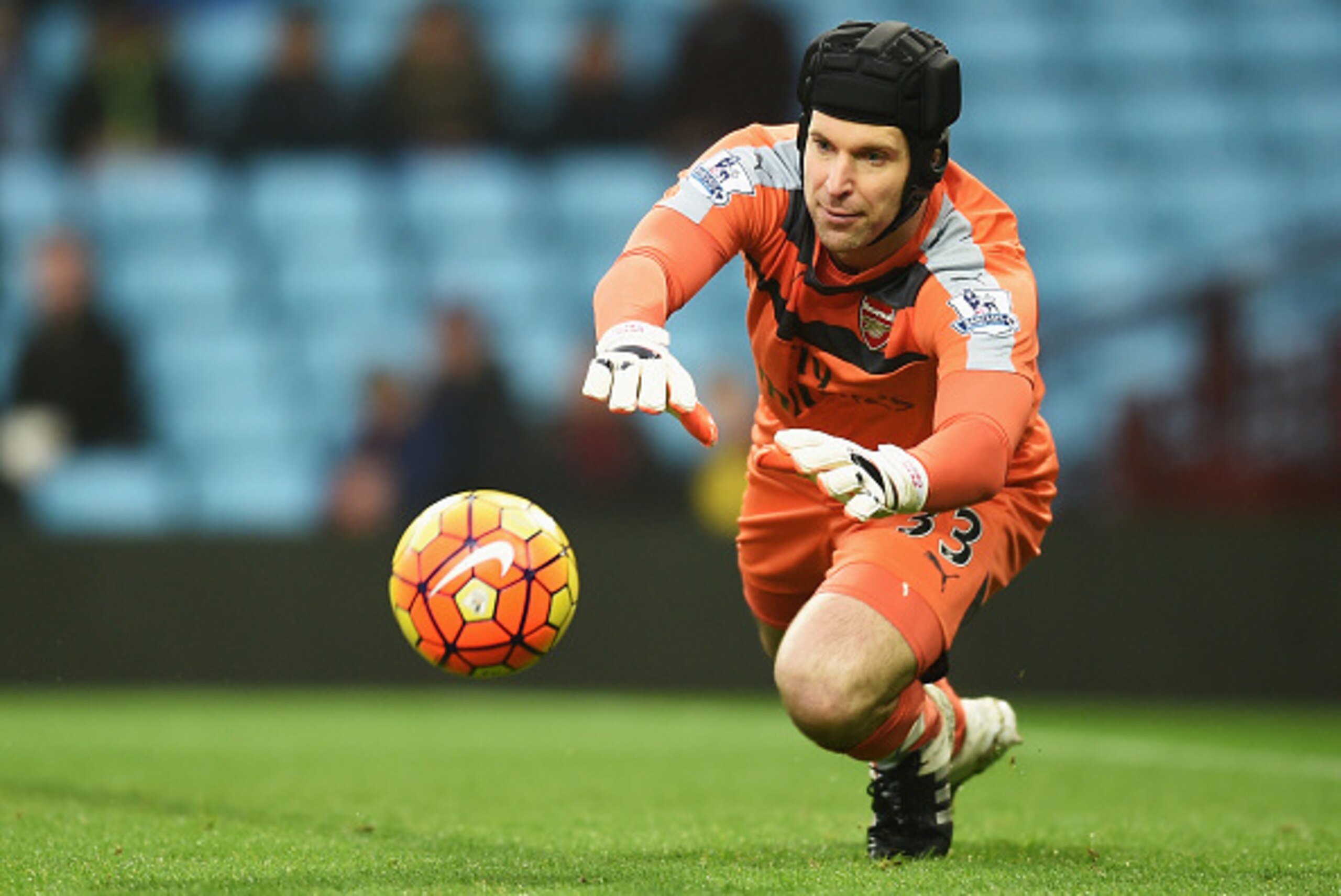 BIRMINGHAM, ENGLAND - DECEMBER 13: Petr Cech of Arsenal makes a save during the Barclays Premier League match between Aston Villa and Arsenal at Villa Park on December 13, 2015 in Birmingham, England.  (Photo by Michael Regan/Getty Images)
