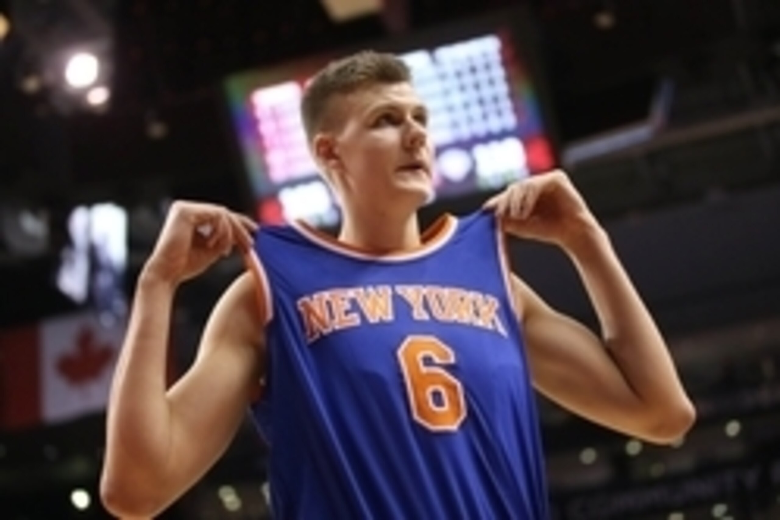 Nov 10, 2015; Toronto, Ontario, CAN; New York Knicks forward Kristaps Porzingis (6) during their game against the Toronto Raptors at Air Canada Centre. The Knicks beat the Raptors 111-109. Mandatory Credit: Tom Szczerbowski-USA TODAY Sports