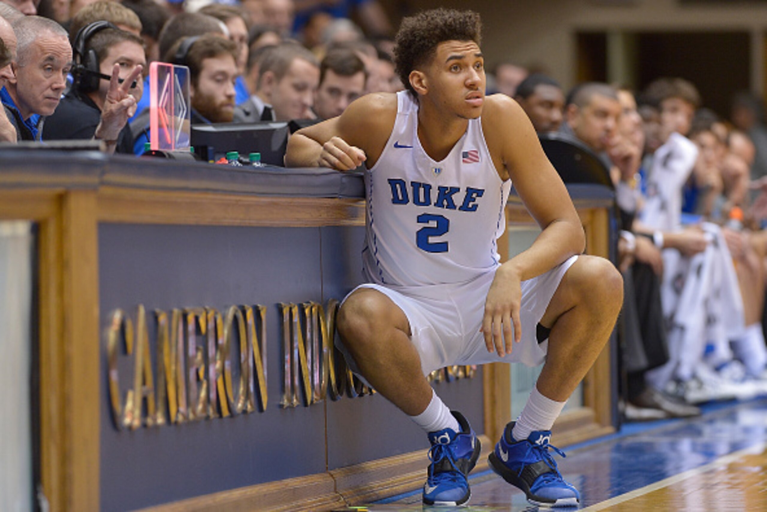 DURHAM, NC - NOVEMBER 29:  Chase Jeter #2 of the Duke Blue Devils waits to check in during their game against the Utah State Aggies at Cameron Indoor Stadium on November 29, 2015 in Durham, North Carolina. Duke won 85-52.  (Photo by Grant Halverson/Getty 