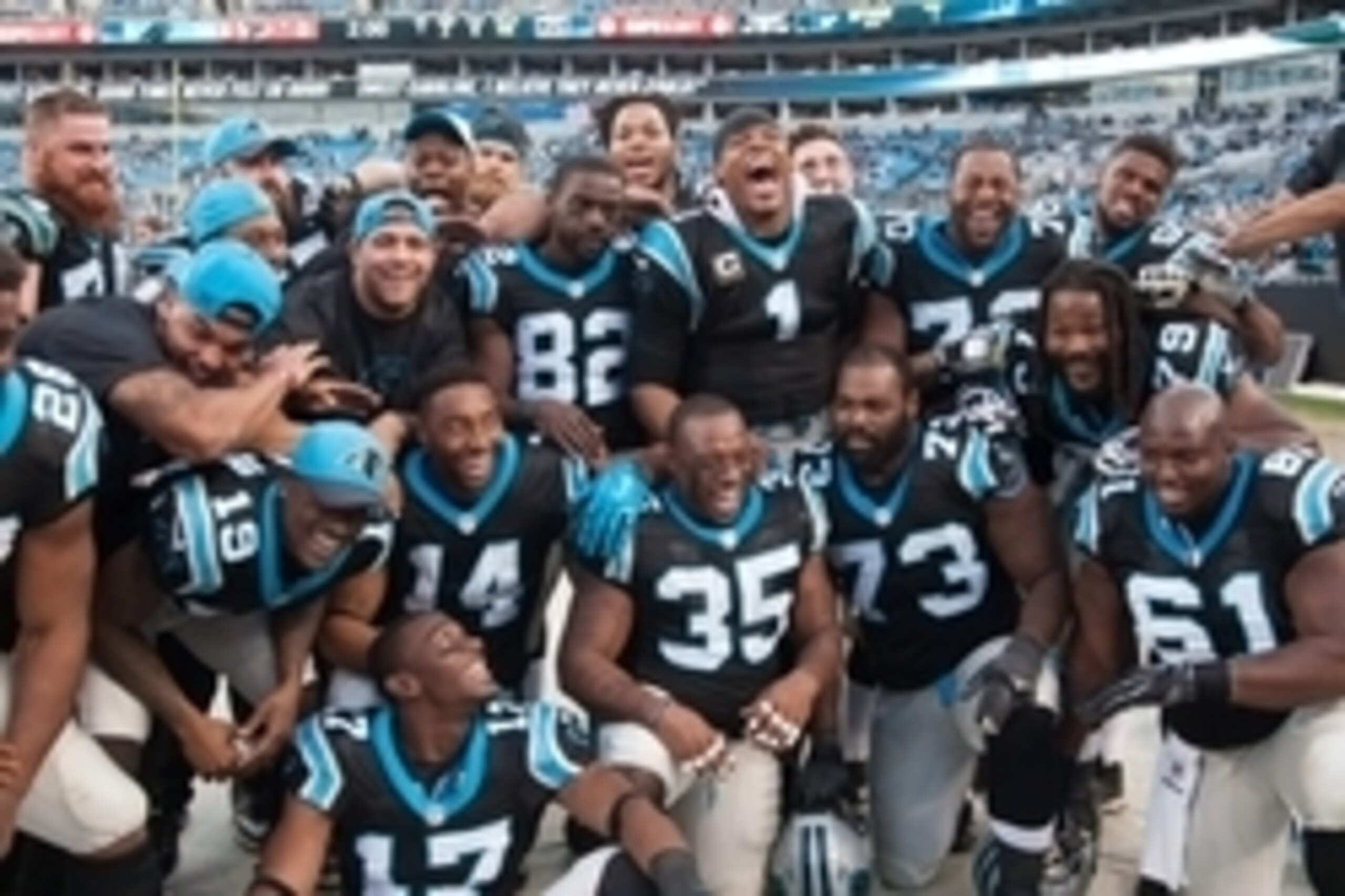 Dec 13, 2015; Charlotte, NC, USA; Carolina Panthers players celebrate late in the fourth quarter against the Atlanta Falcons at Bank of America Stadium. Panthers defeated the Falcons 38-0. Mandatory Credit: Jeremy Brevard-USA TODAY Sports