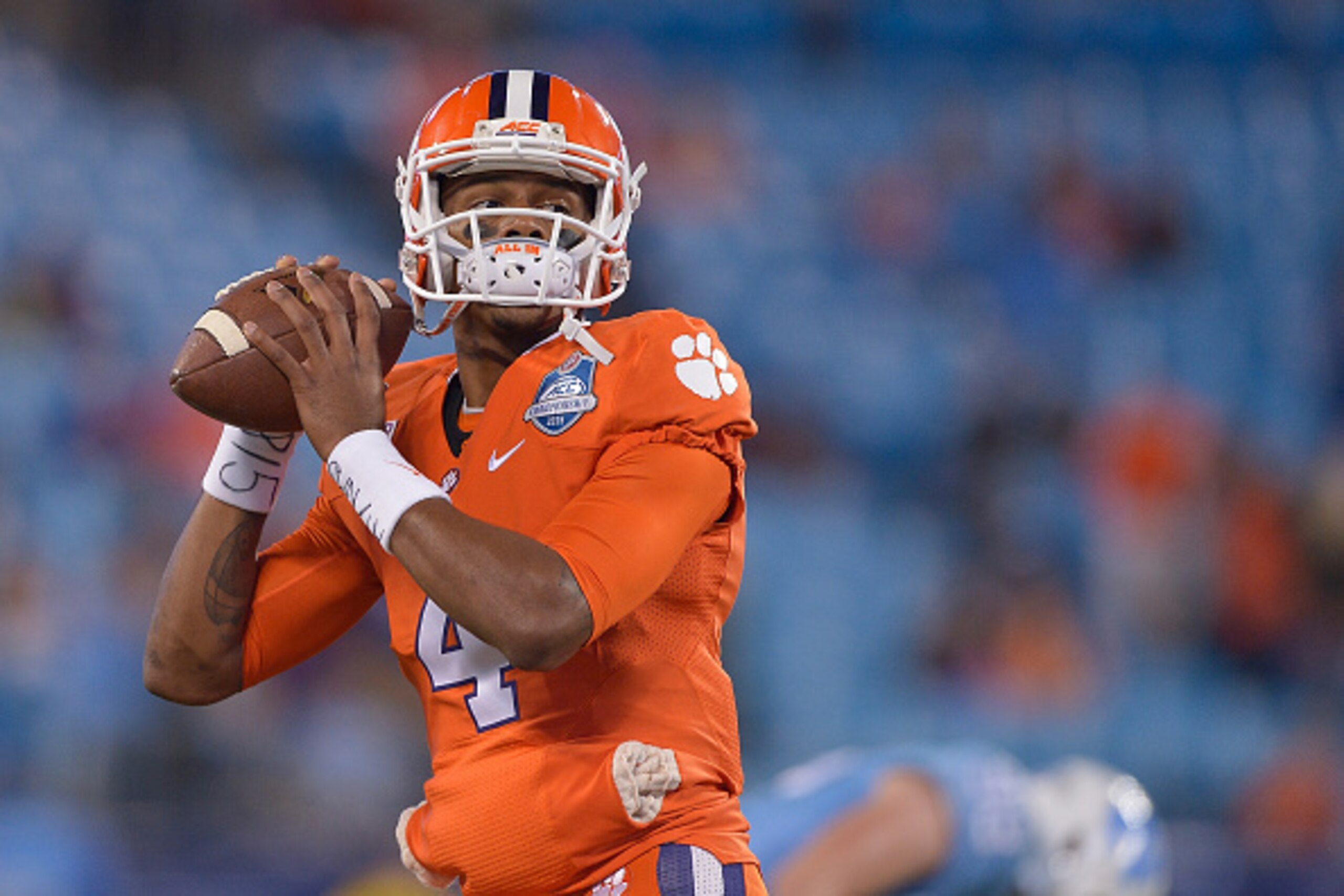 CHARLOTTE, NC - DECEMBER 05:  Deshaun Watson #4 of the Clemson Tigers against the North Carolina Tar Heels during the Atlantic Coast Conference Football Championship at Bank of America Stadium on December 5, 2015 in Charlotte, North Carolina.  (Photo by G