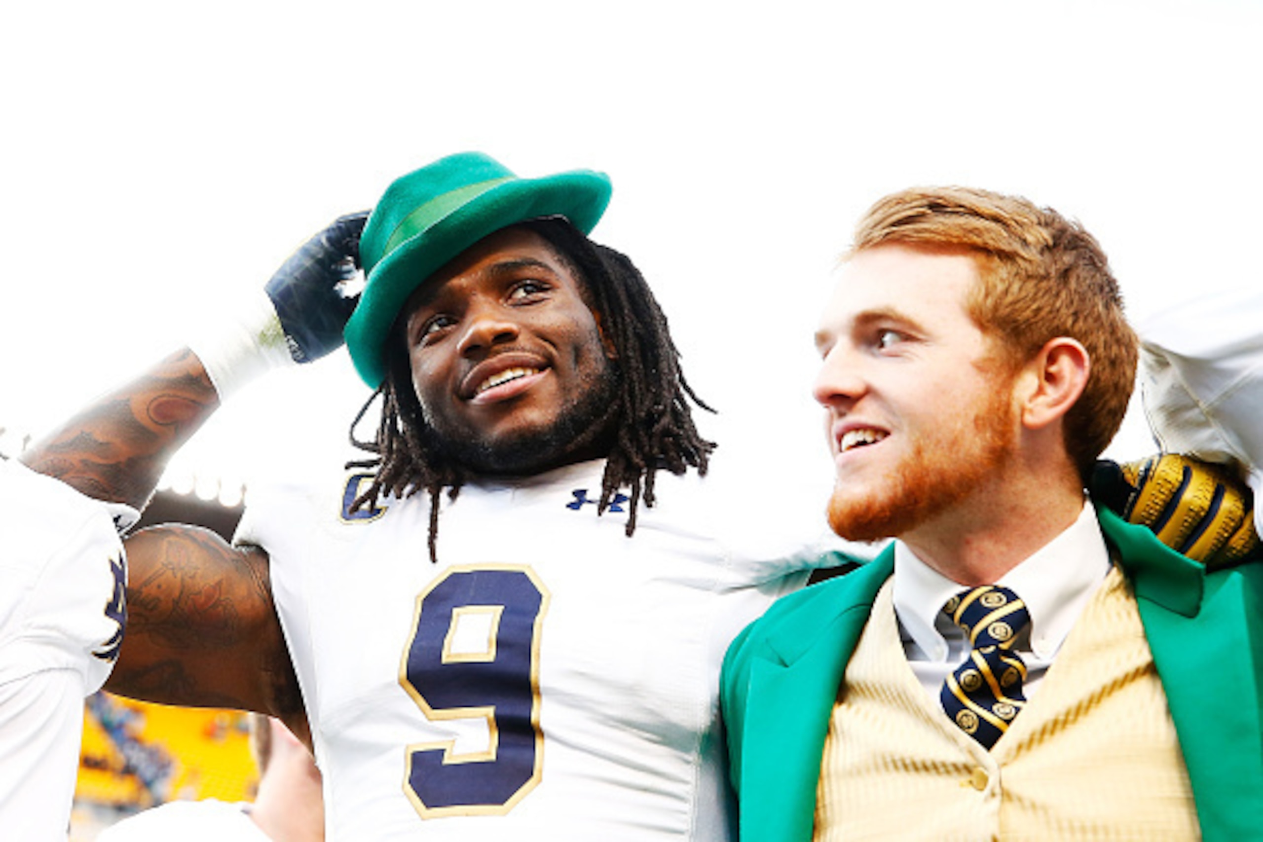 PITTSBURGH, PA - NOVEMBER 07:  Jaylon Smith #9 of the Notre Dame Fighting Irish celebrates by wearing the hat of team mascot, Lucky The Leprechaun, following their 42-30 win against the Pittsburgh Panthers at Heinz Field on November 7, 2015 in Pittsburgh,