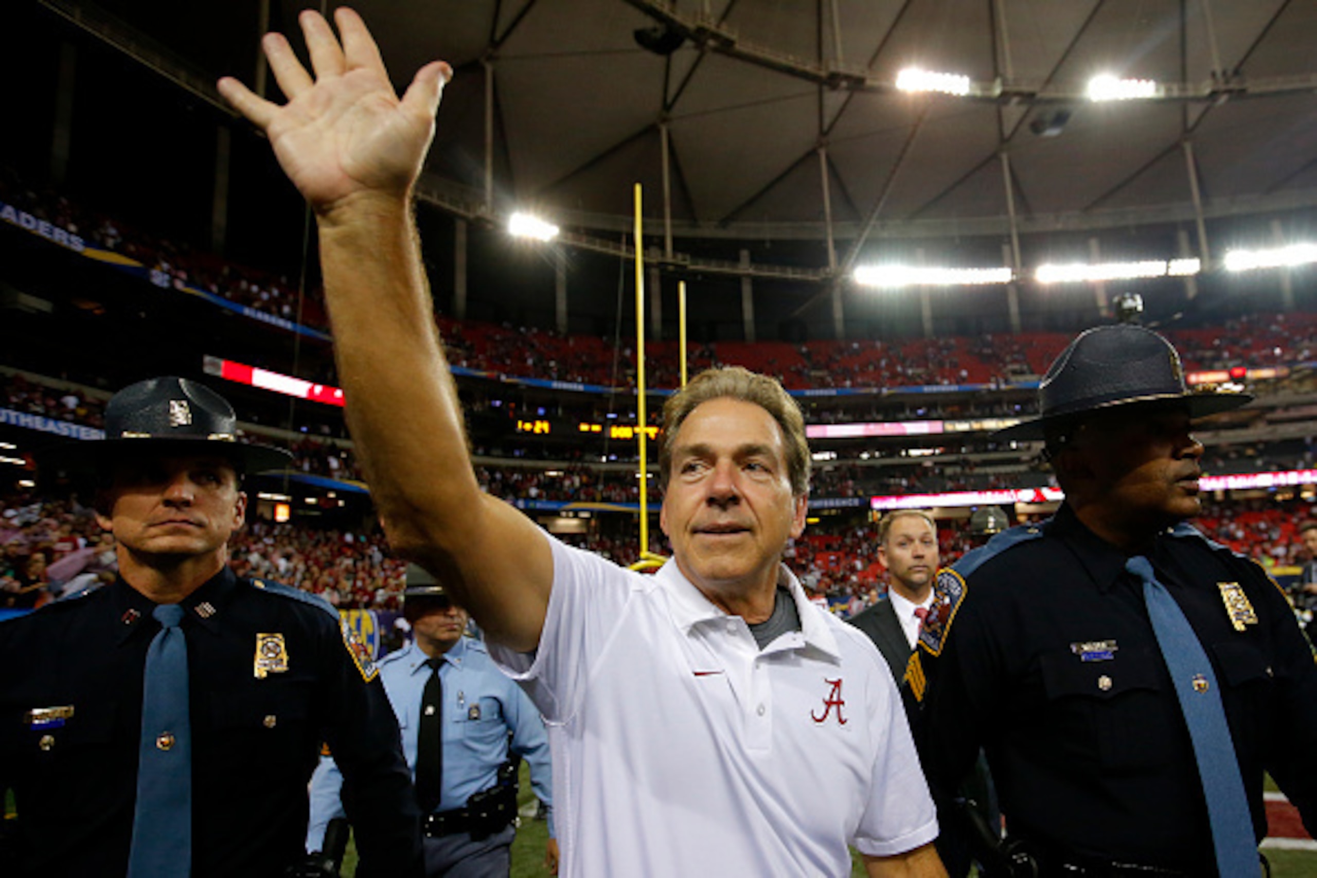 ATLANTA, GA - DECEMBER 5: Head coach Nick Saban of the Alabama Crimson Tide after defeating the Florida Gators 29-15 in the SEC Championship game at the Georgia Dome on December 5, 2015 in Atlanta, Georgia. (Photo by Kevin C. Cox/Getty Images)