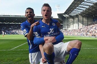 WEST BROMWICH, ENGLAND - APRIL 11:  Jamie Vardy of Leicester City (R) with Riyad Mahrez of Leicester City (L) celebrates scoring the third goal with team mates during the Barclays Premier League match between West Bromwich Albion and Leicester City at The
