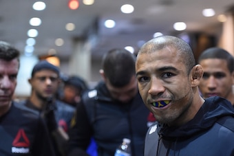 LAS VEGAS, NV - DECEMBER 12: Jose Aldo of Brazil prepares to walk to the Octagon to face Conor McGregor of Ireland during the UFC 194 event inside MGM Grand Garden Arena on December 12, 2015 in Las Vegas, Nevada.  (Photo by Mike Roach/Zuffa LLC/Zuffa LLC 