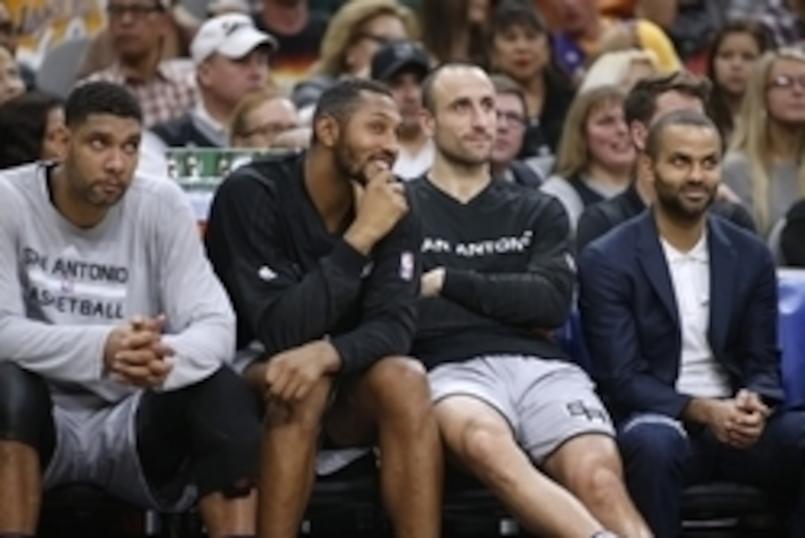 Dec 11, 2015; San Antonio, TX, USA; San Antonio Spurs players (from left) Tim Duncan, Boris Diaw, Manu Ginobili and Tony Parker on the bench during the game against the Los Angeles Lakers at AT&T Center. Mandatory Credit: Erich Schlegel-USA TODAY Sports