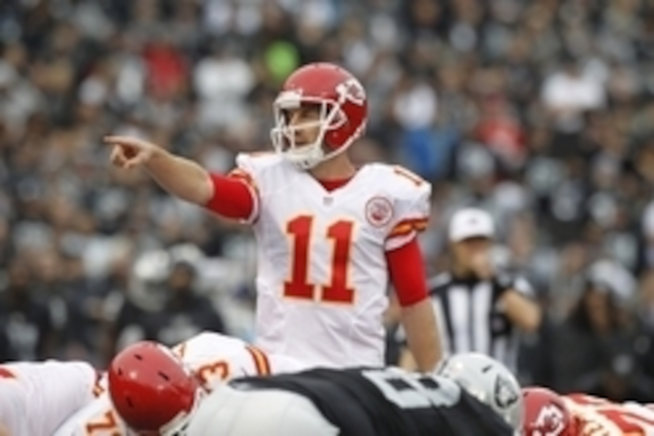 Dec 6, 2015; Oakland, CA, USA; Kansas City Chiefs quarterback Alex Smith (11) calls a play against the Oakland Raiders in the first quarter at O.co Coliseum. Mandatory Credit: Cary Edmondson-USA TODAY Sports