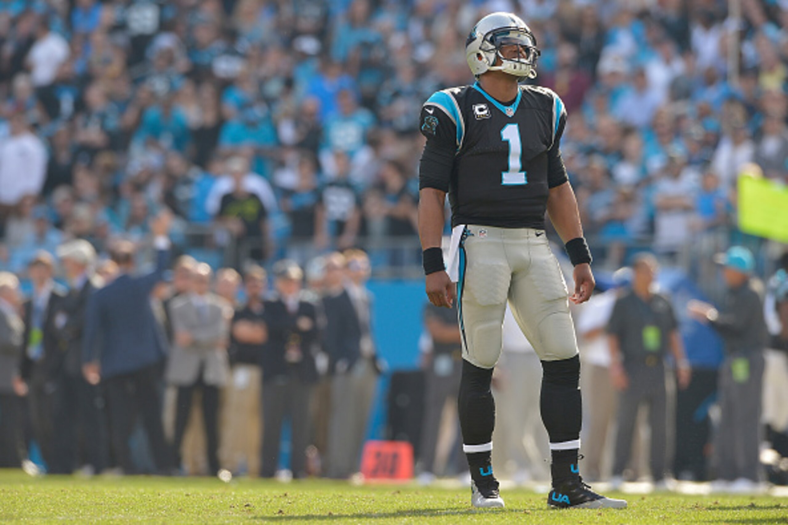 CHARLOTTE, NC - DECEMBER 13:  Cam Newton #1 of the Carolina Panthers against the Atlanta Falcons during their game at Bank of America Stadium on December 13, 2015 in Charlotte, North Carolina. The Panthers won 38-0.  (Photo by Grant Halverson/Getty Images