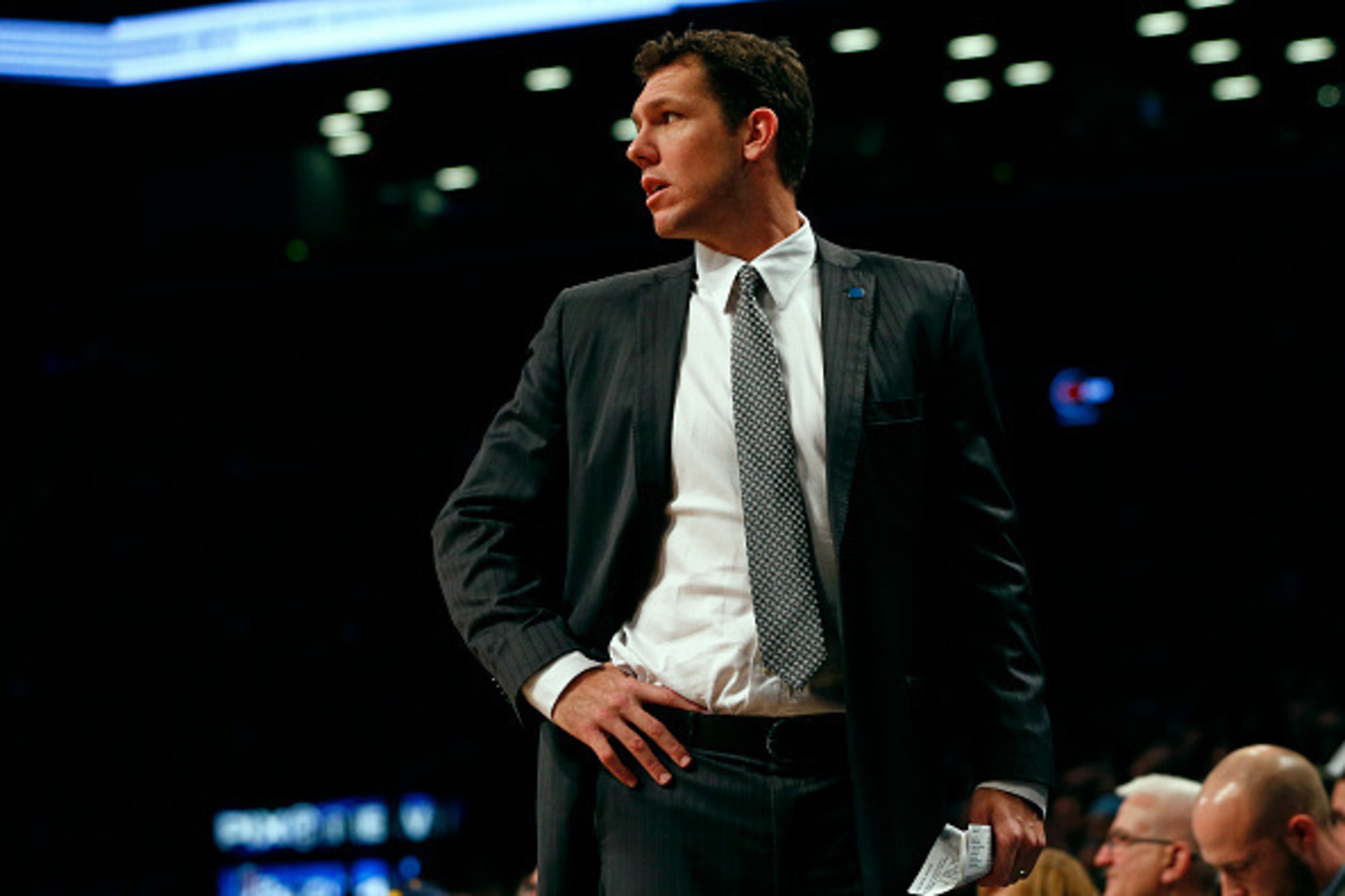 NEW YORK, NY - DECEMBER 6: Interim head coach Luke Walton of the Golden State Warriors during the second quarter against the Brooklyn Nets in an NBA basketball game at the Barclays Center on December 6, 2015 in the Brooklyn borough of New York City. The W