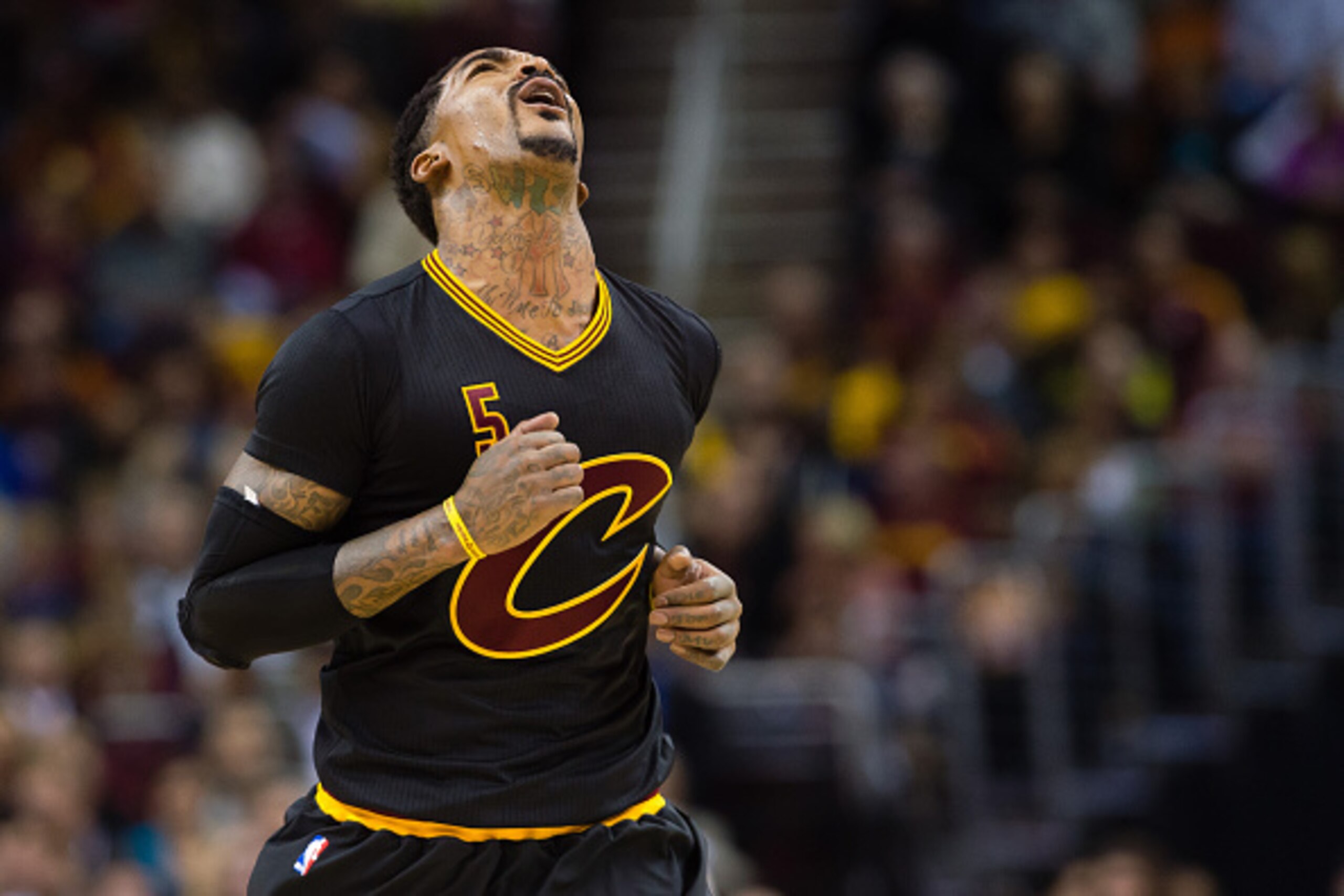 CLEVELAND, OH - DECEMBER 8: J.R. Smith #5 of the Cleveland Cavaliers reacts after being called for a foul during the second half against the Portland Trail Blazers at Quicken Loans Arena on December 8, 2015 in Cleveland, Ohio. The Cavaliers defeated the T