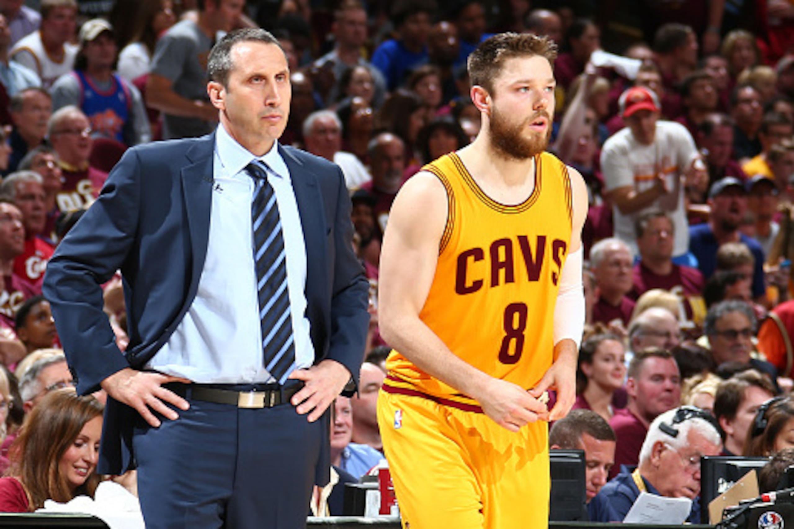 CLEVELAND, OH - JUNE 9:  Head Coach David Blatt of the Cleveland Cavaliers with Matthew Dellavedova #8 of the Cleveland Cavaliers during Game Three of the 2015 NBA Finals at The Quicken Loans Arena on June 9, 2015 in Cleveland, Ohio. NOTE TO USER: User ex