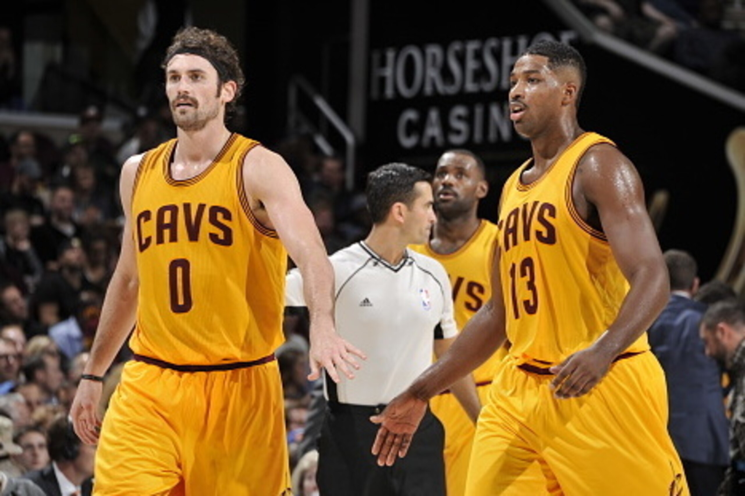 CLEVELAND, OH - NOVEMBER 10:  Kevin Love #0 of the Cleveland Cavaliers shakes hands with Tristan Thompson #13 of the Cleveland Cavaliers during the game against the Utah Jazz on November 10, 2015 at Quicken Loans Arena in Cleveland, Ohio. NOTE TO USER: Us