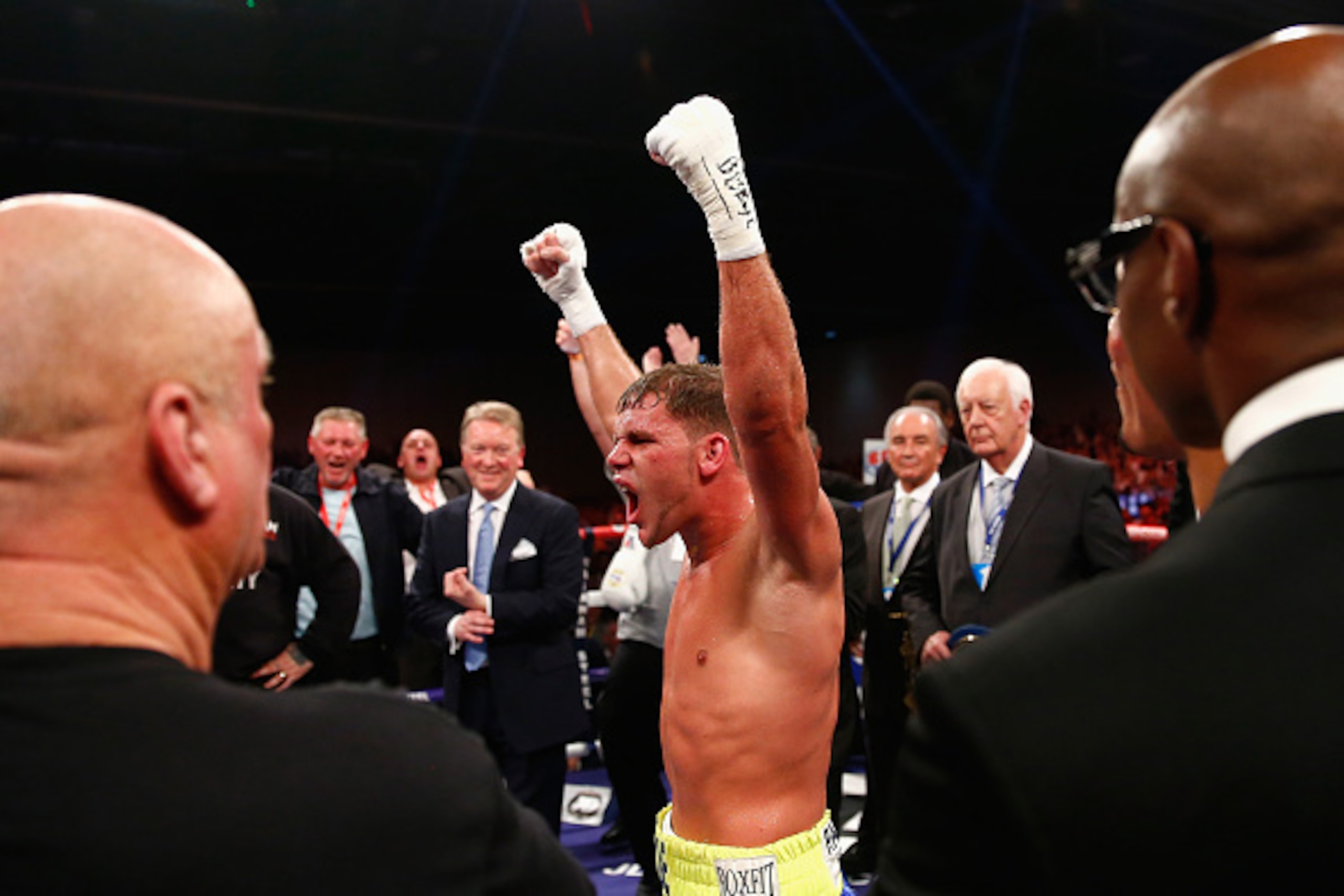 LONDON, ENGLAND - NOVEMBER 29:  Billy Joe Saunders celebrates defeating Chris Eubank Junior in the british european and commonwealth middleweight championships during Boxing at ExCel on November 29, 2014 in London, England.  (Photo by Julian Finney/Getty 