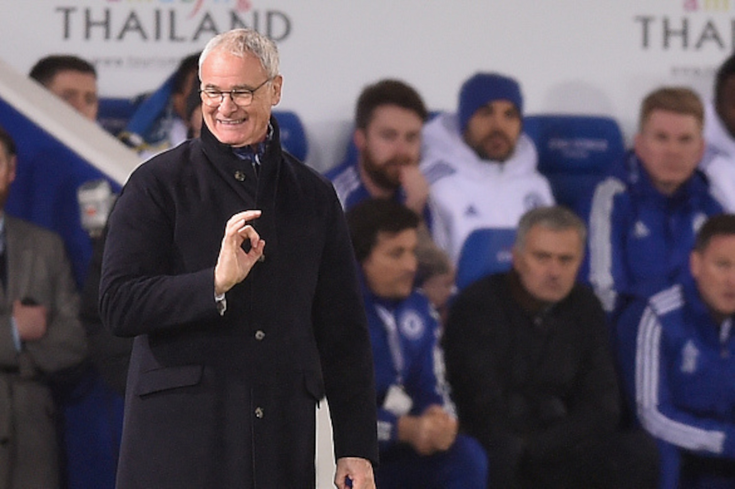 LEICESTER, ENGLAND - DECEMBER 14:  Claudio Ranieri the manager of Leicester City reacts as Chelsea manager Jose Mourinho looks on during the Barclays Premier League match between Leicester City and Chelsea at the King Power Stadium on December14, 2015 in 